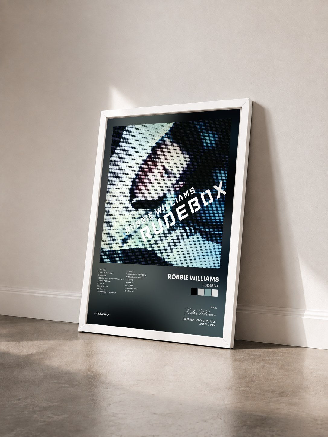 #blanc Tableau de l'album Rudebox de Robbie Williams vu de trois quarts, cadre blanc