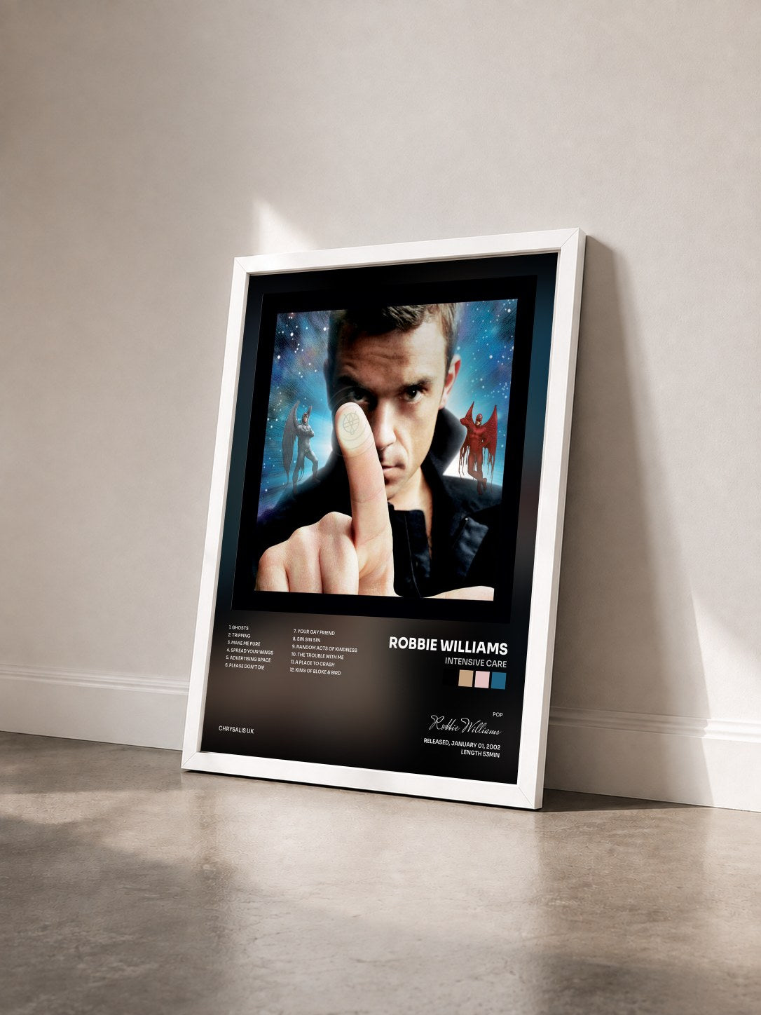 #blanc Tableau de l'album Intensive Care de Robbie Williams vu de trois quarts, cadre blanc