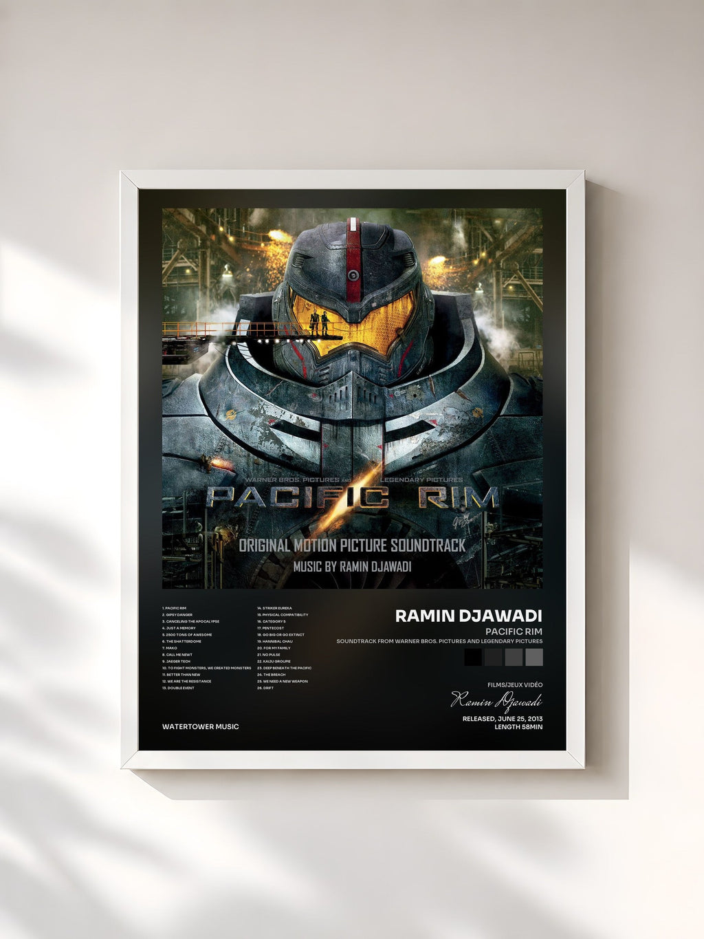 #blanc Pacific Rim (Soundtrack from Warner Bros. Pictures and Legendary Pictures) by Ramin Djawadi as a framed art print, white frame, printed and framed in France