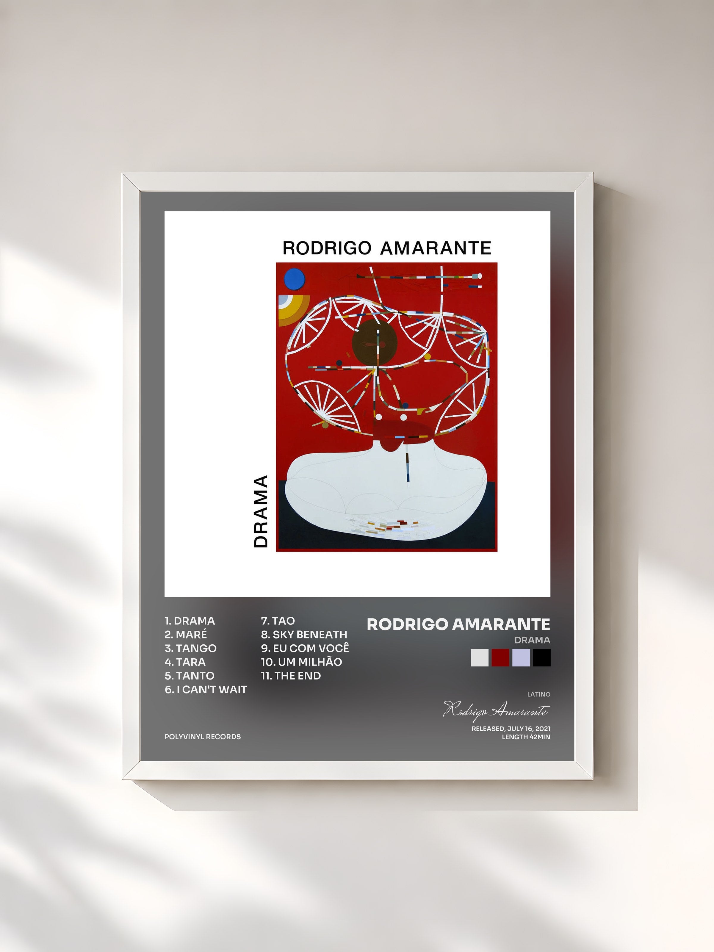 #blanc Tableau de l'album Drama de Rodrigo Amarante, cadre blanc, imprimé et encadré en France