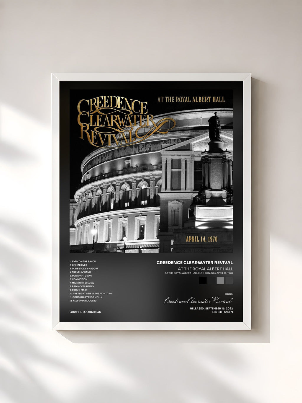#blanc Tableau de l'album At The Royal Albert Hall (At The Royal Albert Hall / London, UK / April 14, 1970) de Creedence Clearwater Revival, cadre blanc, imprimé et encadré en France