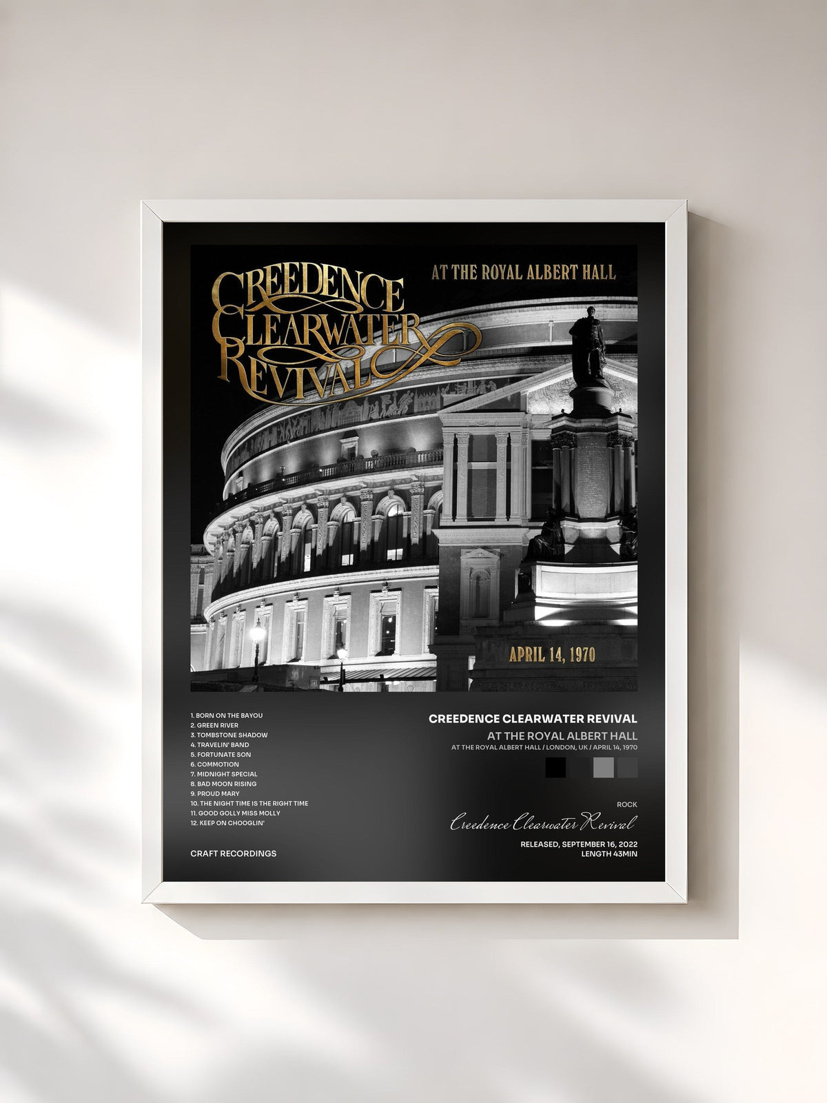 #blanc At The Royal Albert Hall (At The Royal Albert Hall / London, UK / April 14, 1970) by Creedence Clearwater Revival as a framed art print, white frame, printed and framed in France