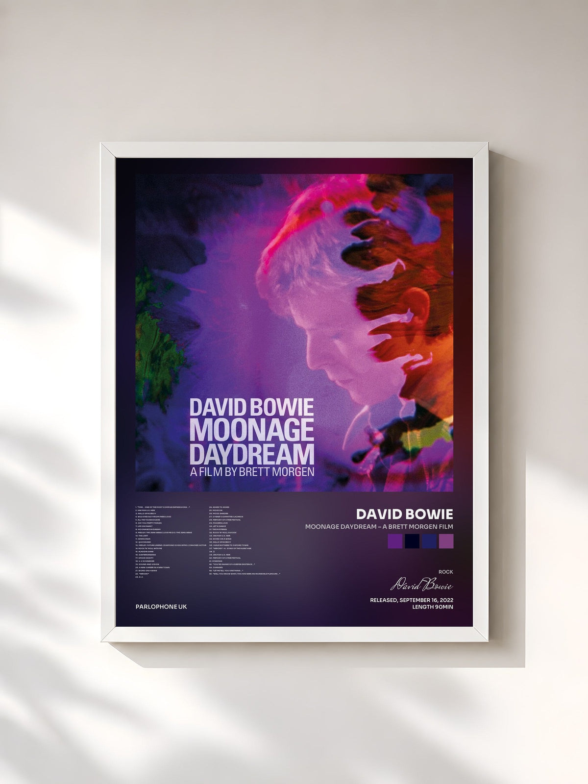 #blanc Tableau de l'album Moonage Daydream – A Brett Morgen Film de David Bowie, cadre blanc, imprimé et encadré en France