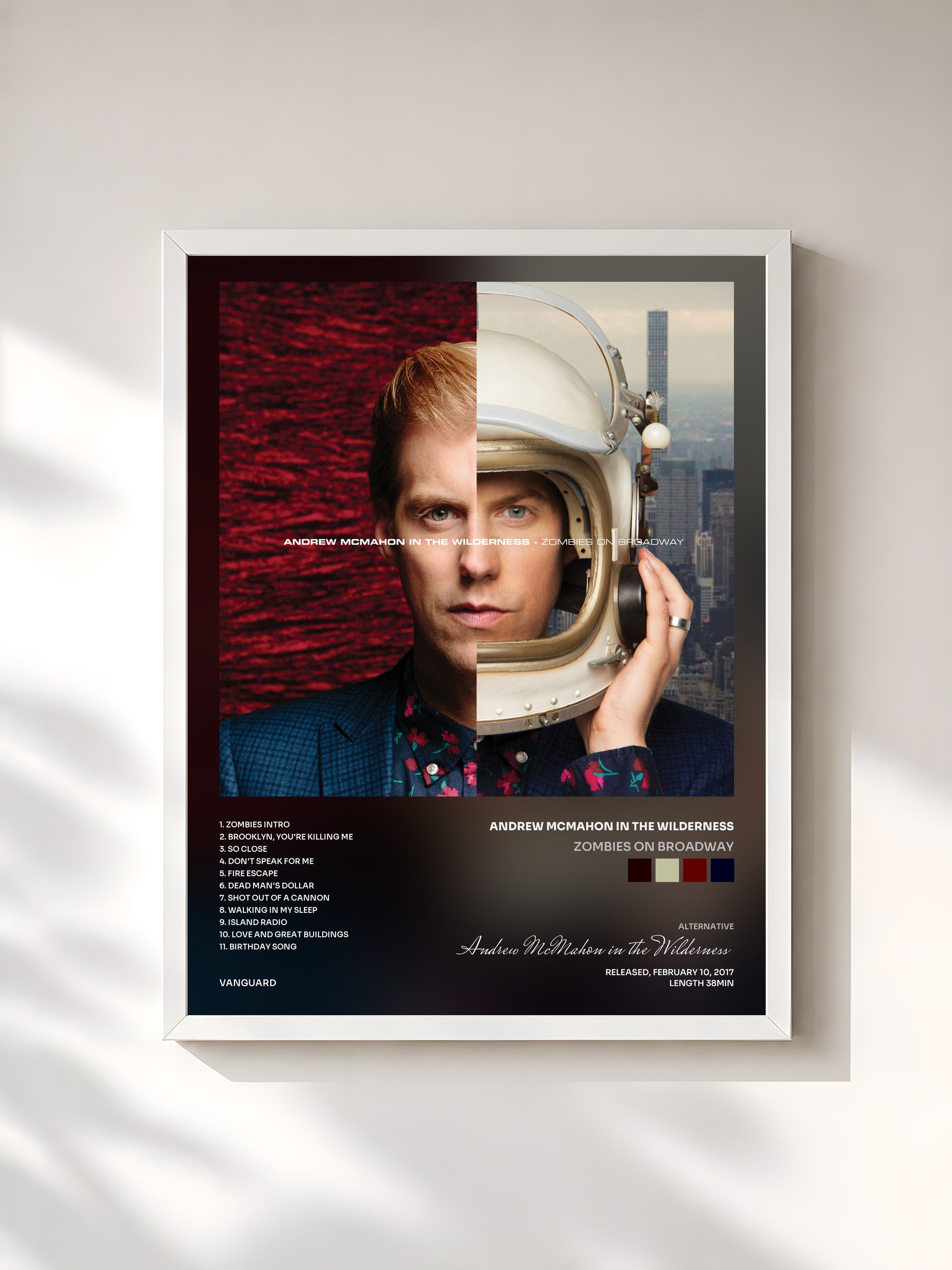 #blanc Tableau de l'album Zombies On Broadway de Andrew McMahon in the Wilderness, cadre blanc, imprimé et encadré en France