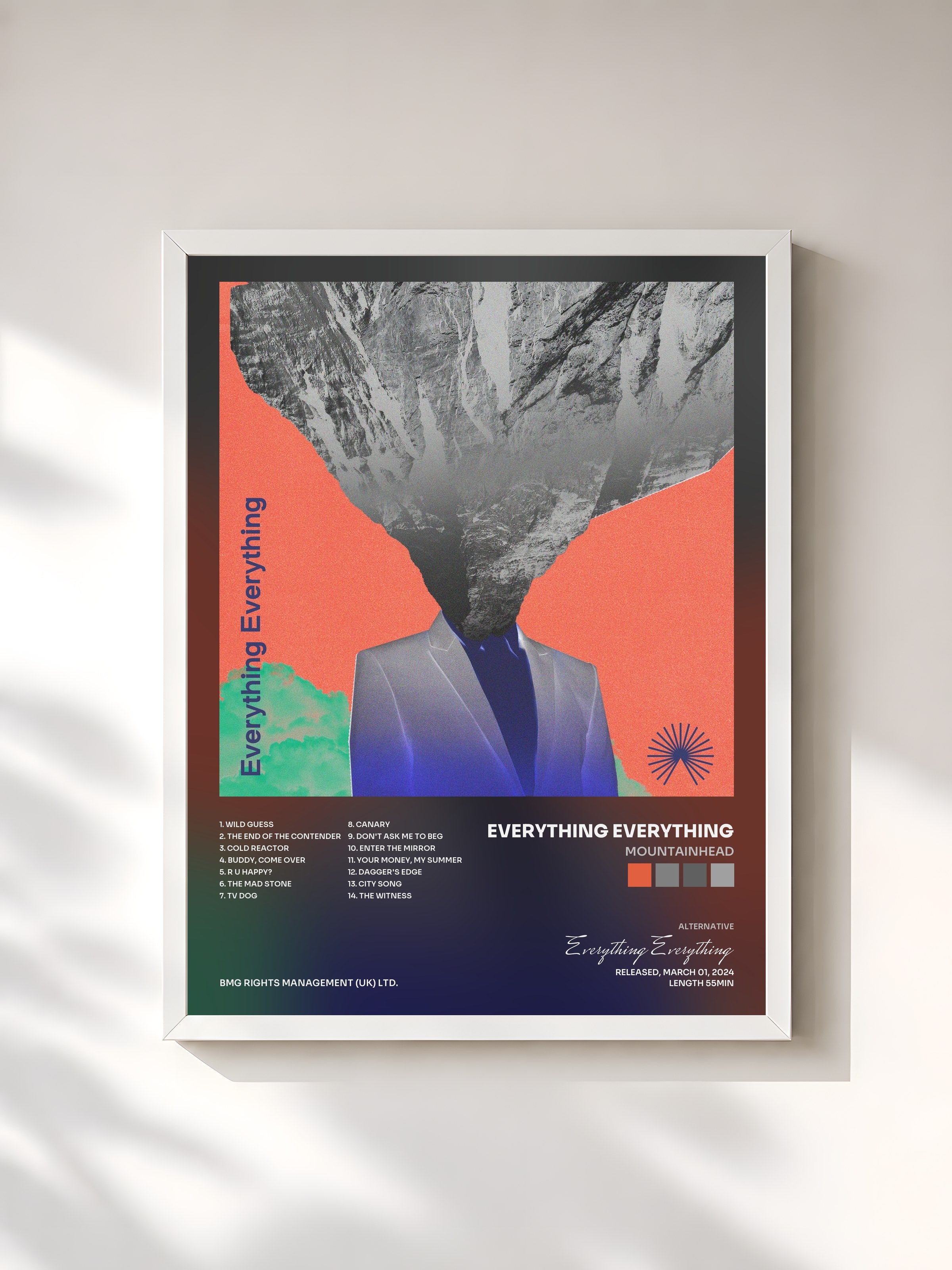 #blanc Tableau de l'album Mountainhead de Everything Everything, cadre blanc, imprimé et encadré en France