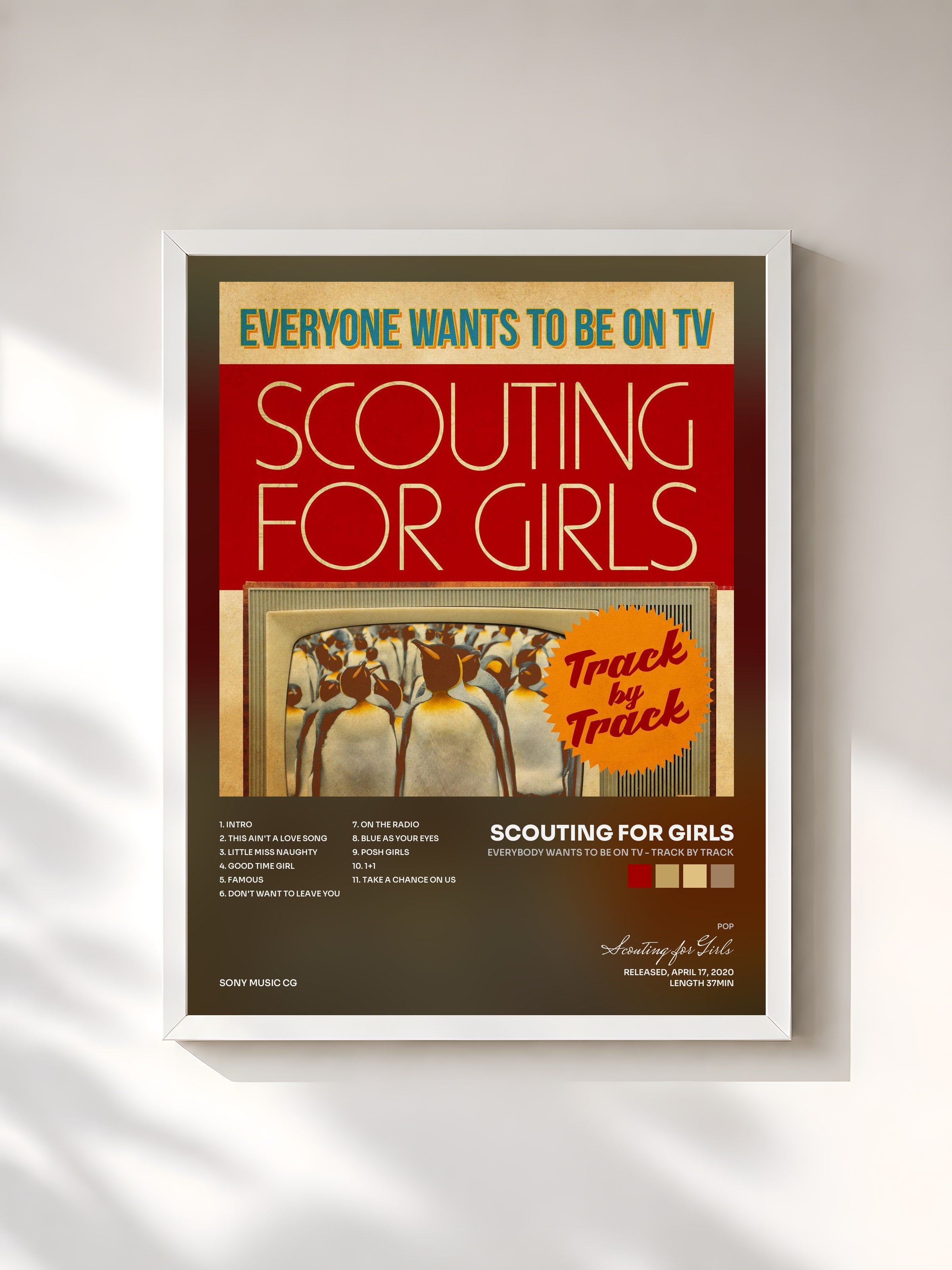#blanc Tableau de l'album Everybody Wants To Be On TV - Track by Track de Scouting for Girls, cadre blanc, imprimé et encadré en France