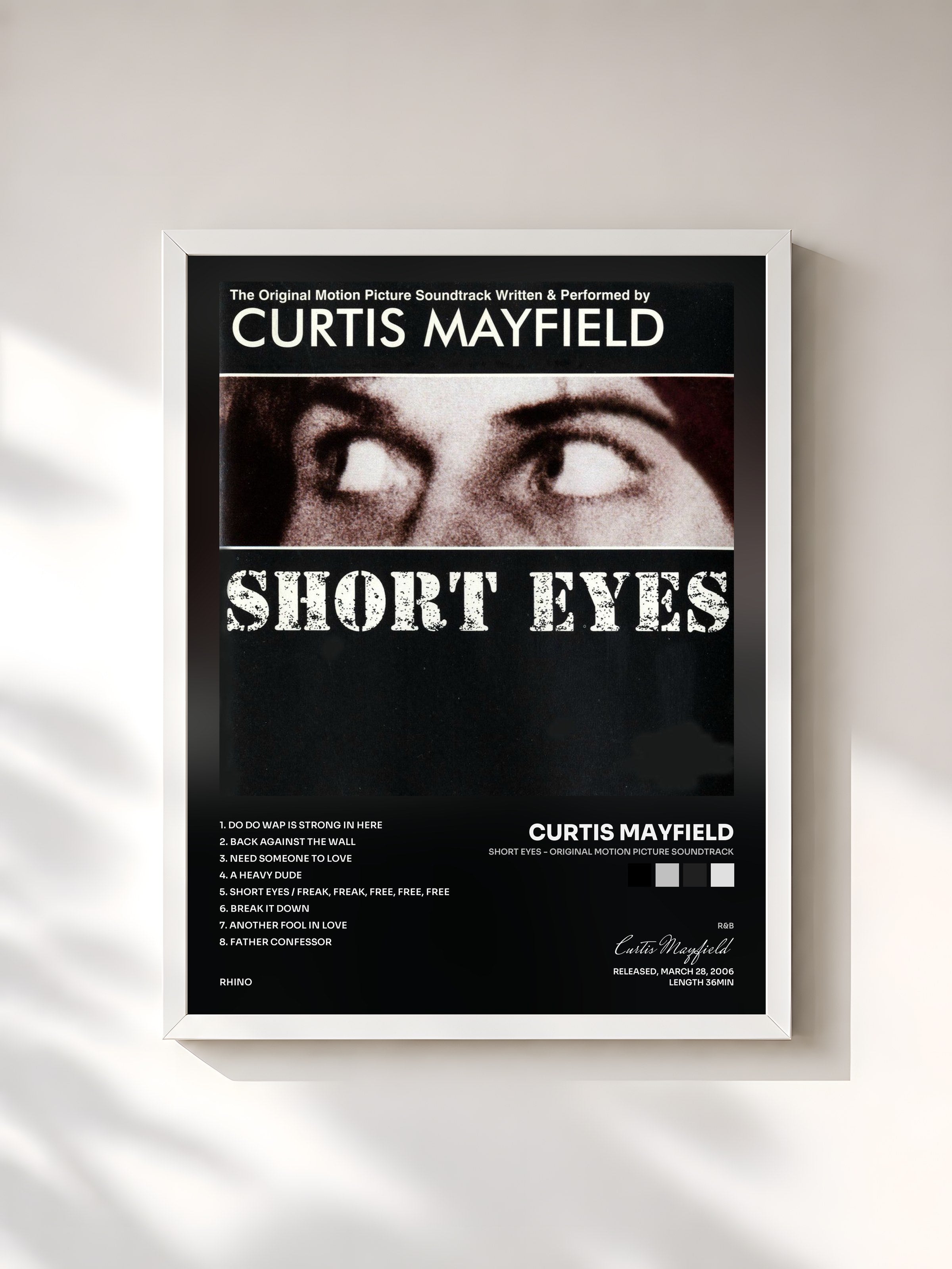 #blanc Tableau de l'album Short Eyes - Original Motion Picture Soundtrack de Curtis Mayfield, cadre blanc, imprimé et encadré en France