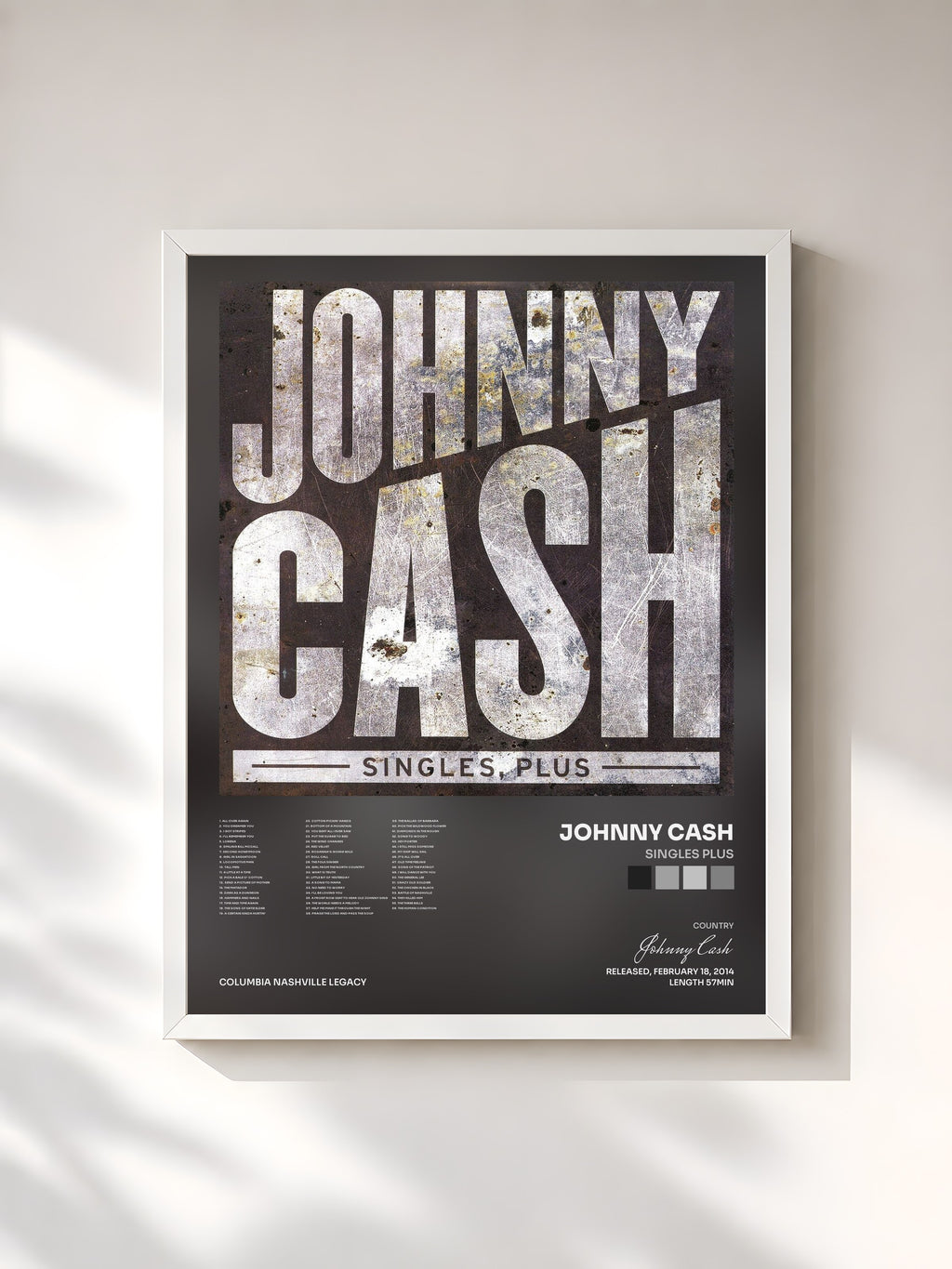 #blanc Tableau de l'album Singles Plus de Johnny Cash, cadre blanc, imprimé et encadré en France