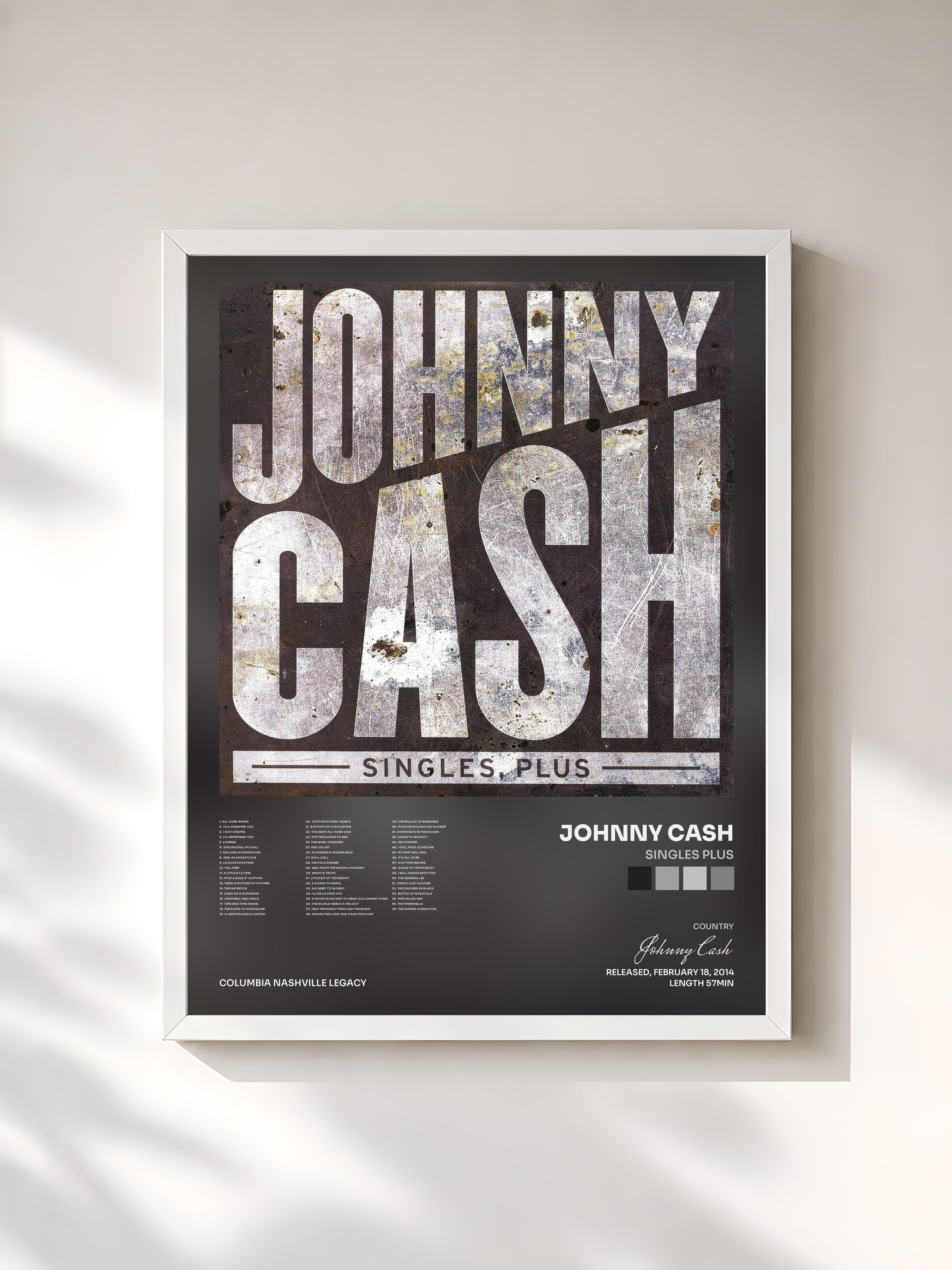 #blanc Tableau de l'album Singles Plus de Johnny Cash, cadre blanc, imprimé et encadré en France