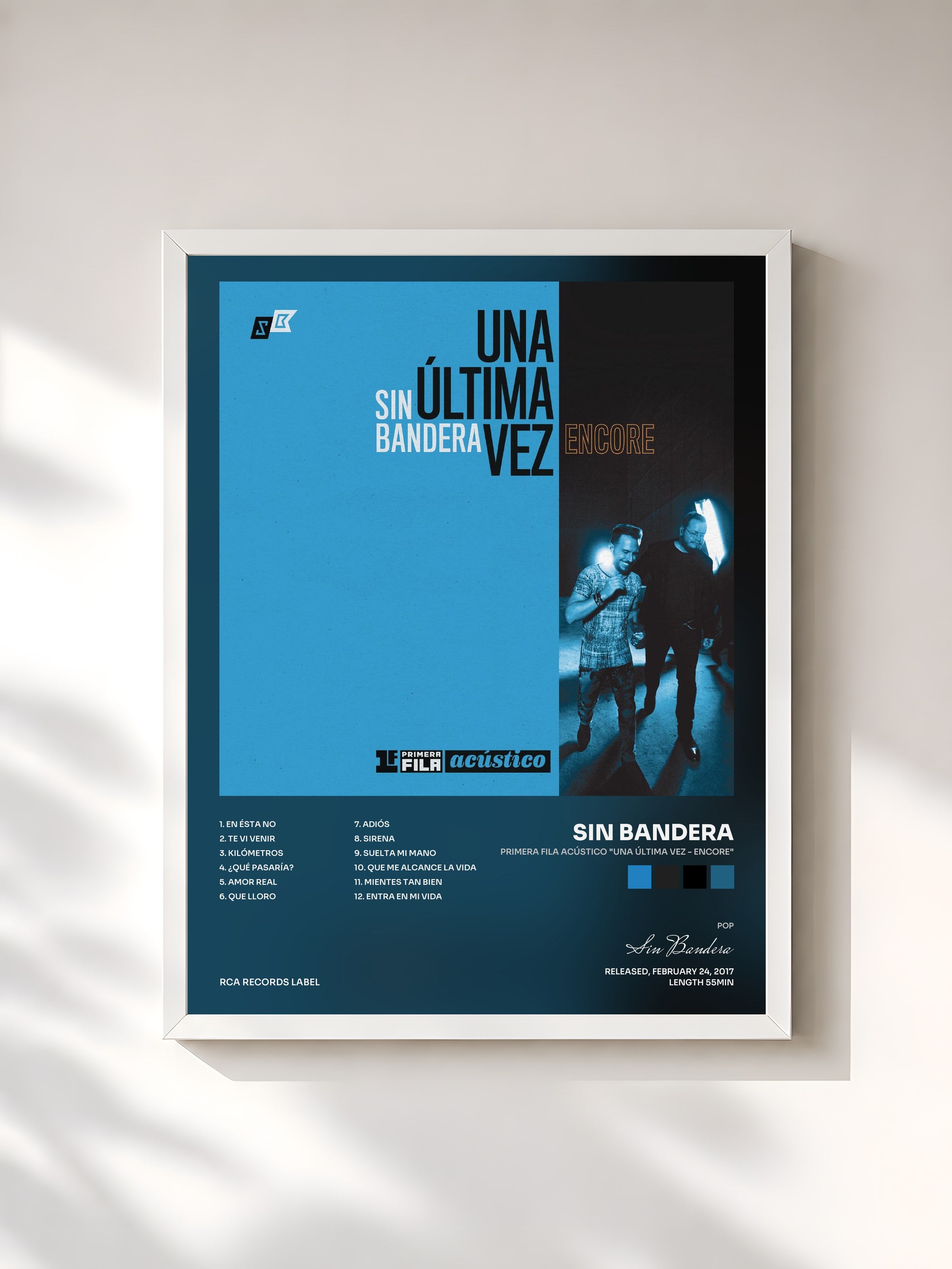 #blanc Tableau de l'album Primera Fila Acústico "Una Última Vez - Encore" de Sin Bandera, cadre blanc, imprimé et encadré en France