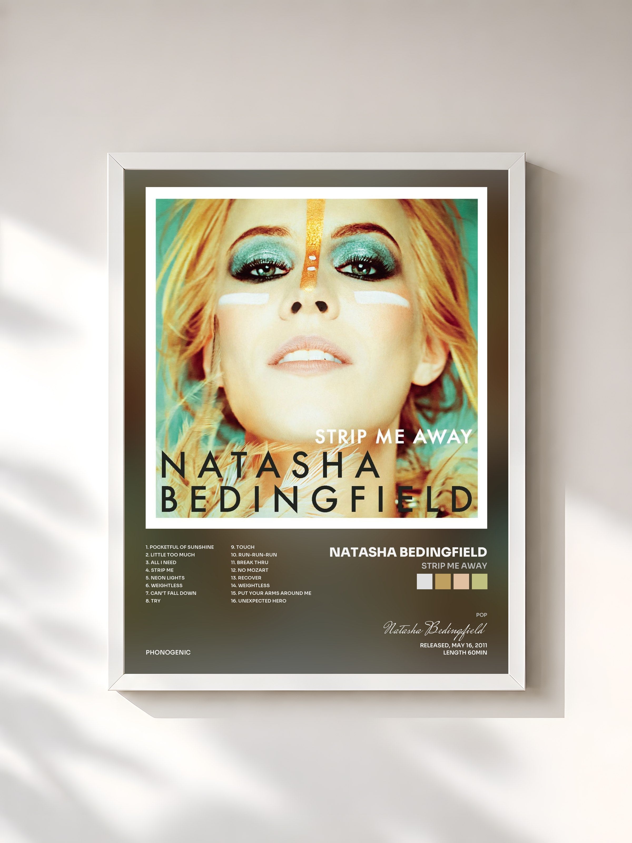#blanc Tableau de l'album Strip Me Away de Natasha Bedingfield, cadre blanc, imprimé et encadré en France