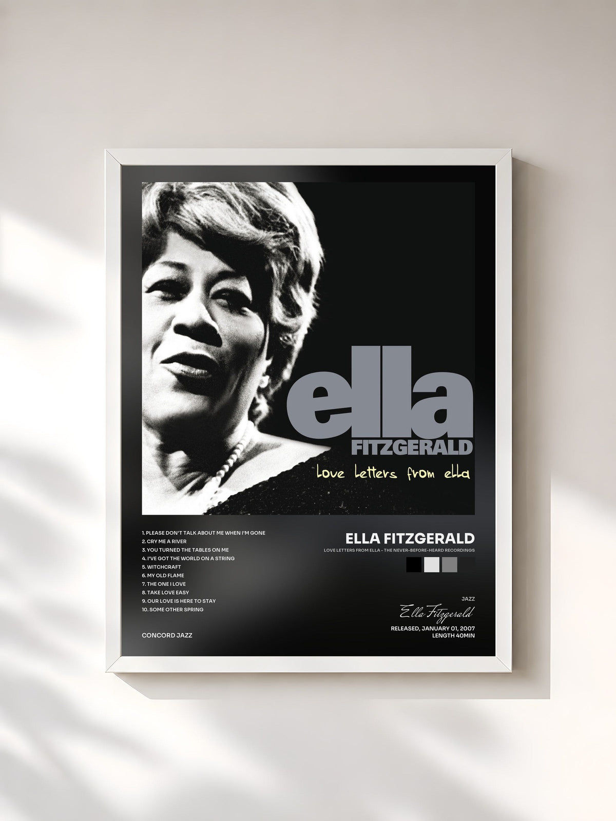 #blanc Tableau de l'album Love Letters From Ella - The Never-Before-Heard Recordings de Ella Fitzgerald, cadre blanc, imprimé et encadré en France