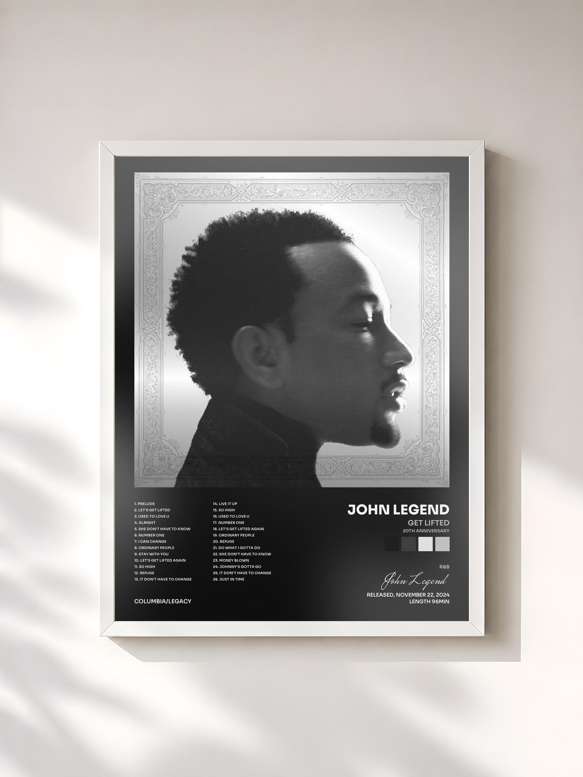 #blanc Tableau de l'album Get Lifted (20th Anniversary) de John Legend, cadre blanc, imprimé et encadré en France