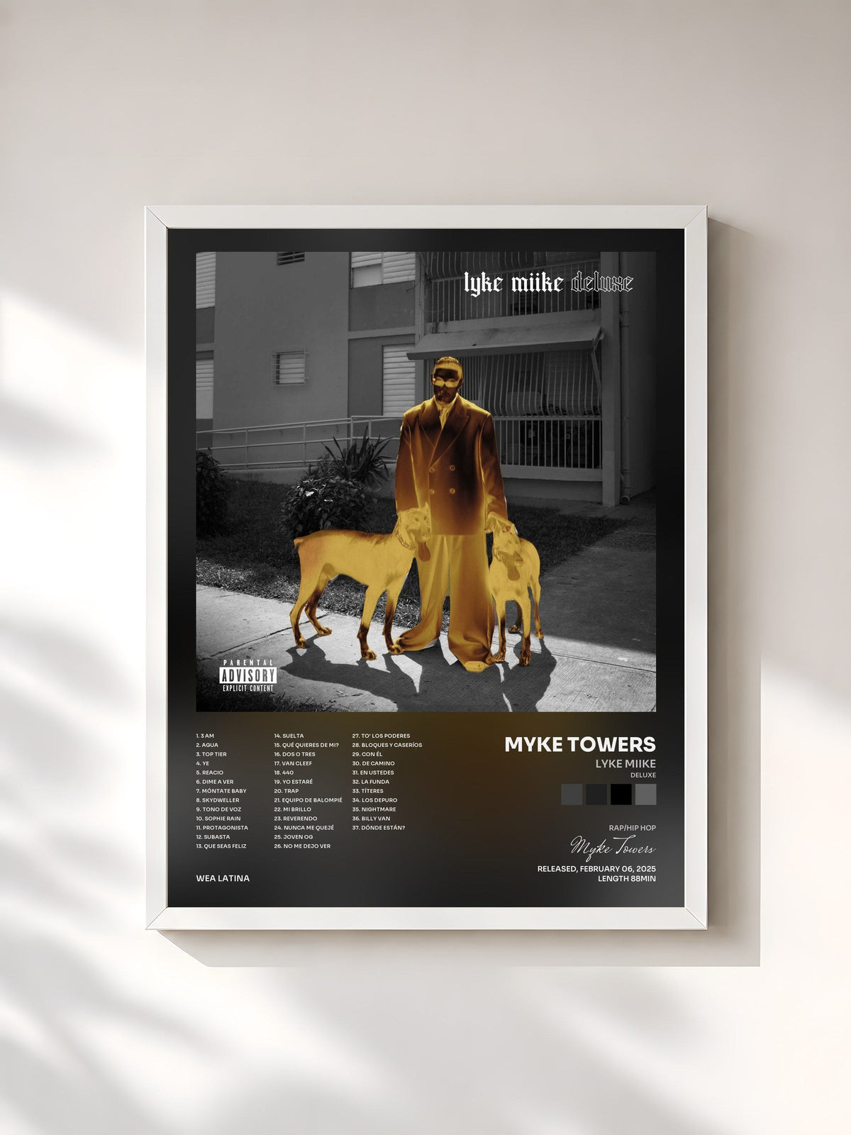 #blanc LYKE MIIKE (DELUXE) by Myke Towers as a framed art print, white frame, printed and framed in France