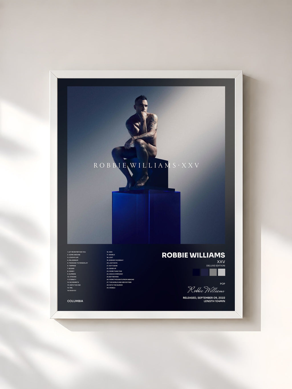 #blanc Tableau de l'album XXV (Deluxe Edition) de Robbie Williams, cadre blanc, imprimé et encadré en France