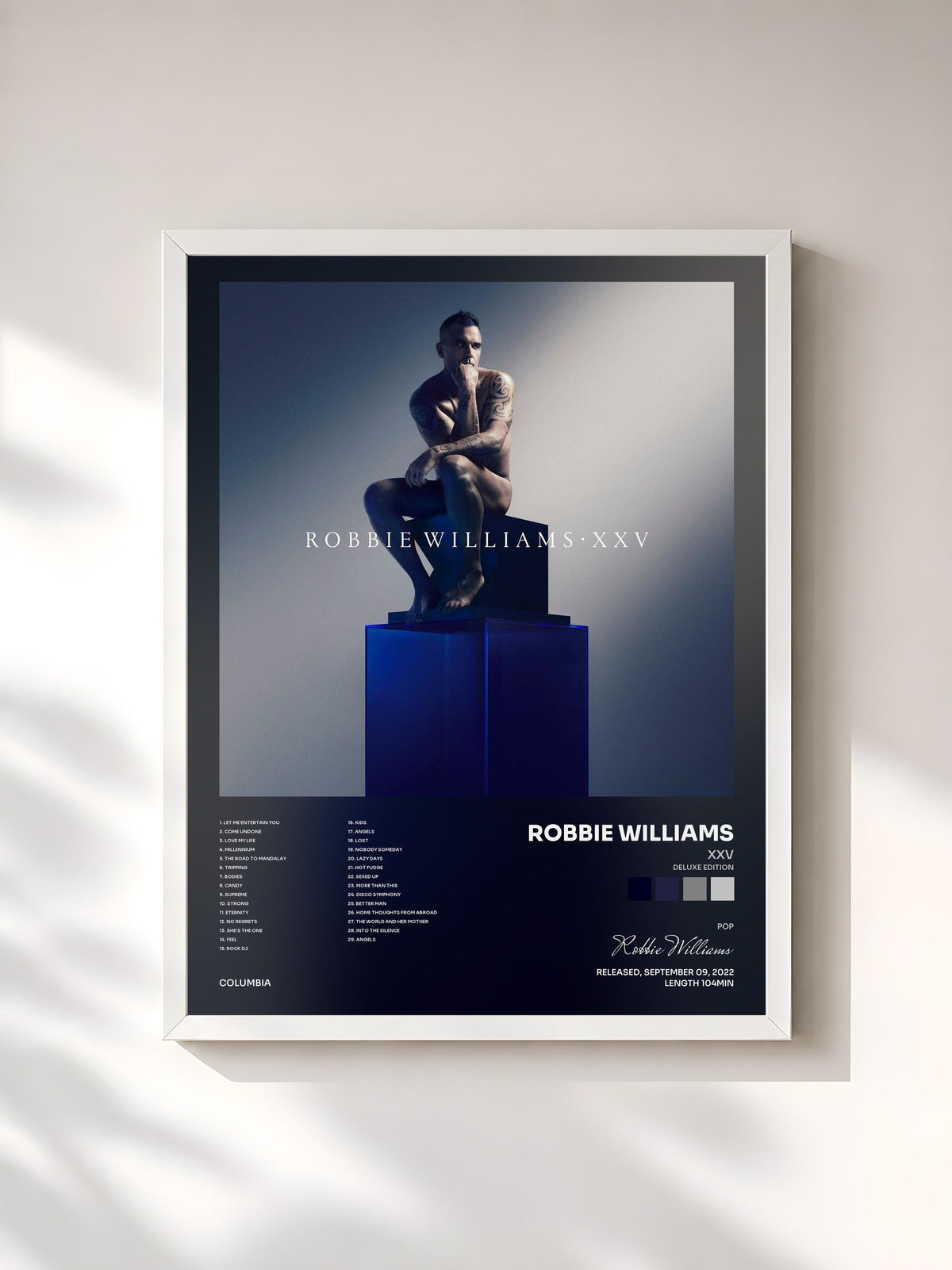 #blanc Tableau de l'album XXV (Deluxe Edition) de Robbie Williams, cadre blanc, imprimé et encadré en France