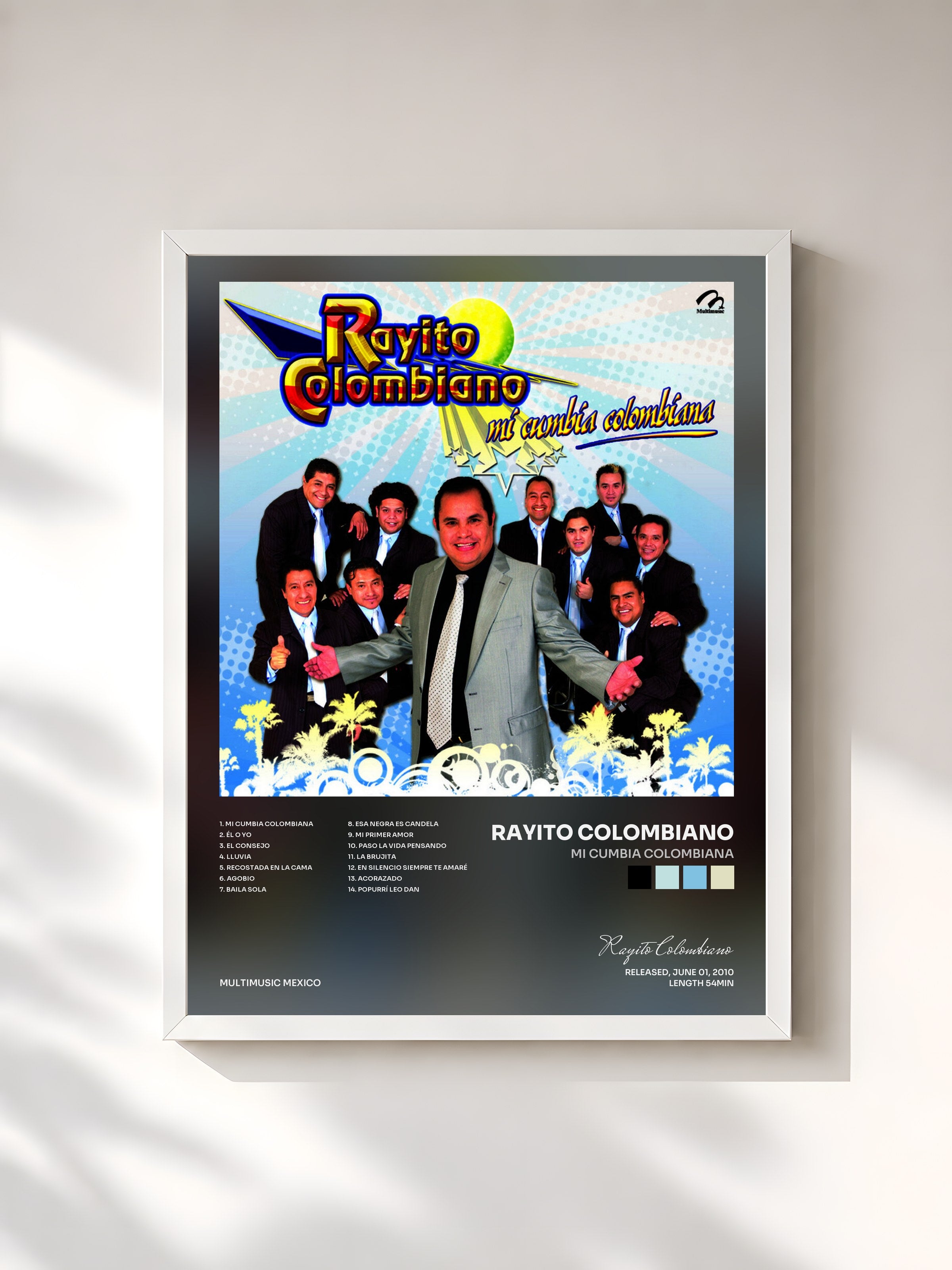 #blanc Tableau de l'album Mi Cumbia Colombiana de Rayito Colombiano, cadre blanc, imprimé et encadré en France