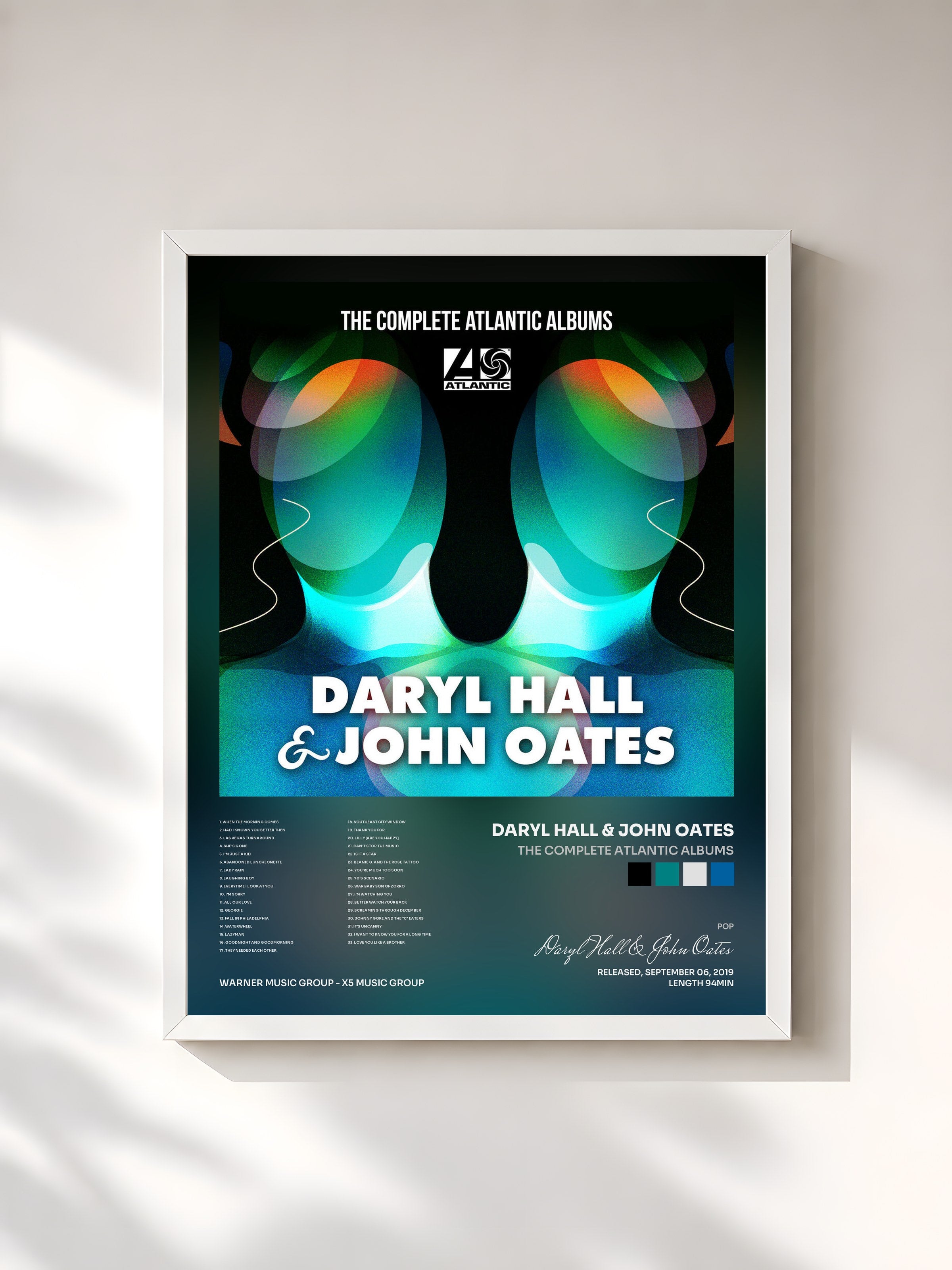 #blanc Tableau de l'album The Complete Atlantic Albums de Daryl Hall & John Oates, cadre blanc, imprimé et encadré en France