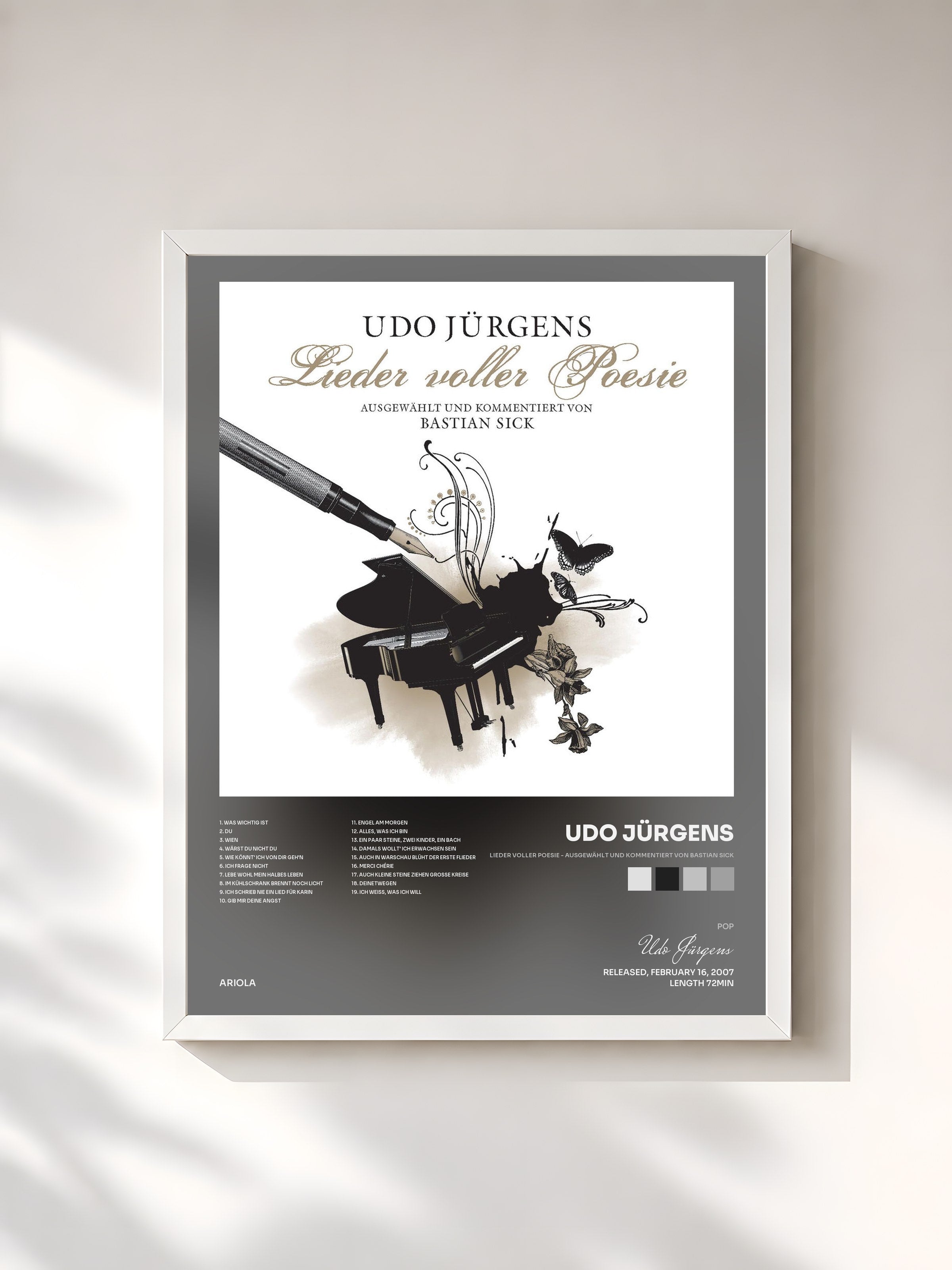 #blanc Tableau de l'album Lieder voller Poesie - ausgewählt und kommentiert von Bastian Sick de Udo Jürgens, cadre blanc, imprimé et encadré en France