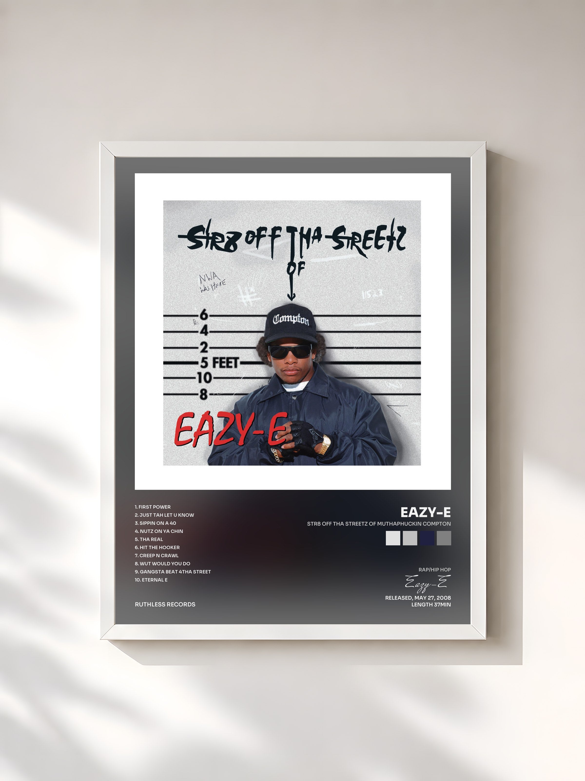 #blanc Tableau de l'album Str8 off Tha Streetz of Muthaphuckin Compton de Eazy-E, cadre blanc, imprimé et encadré en France