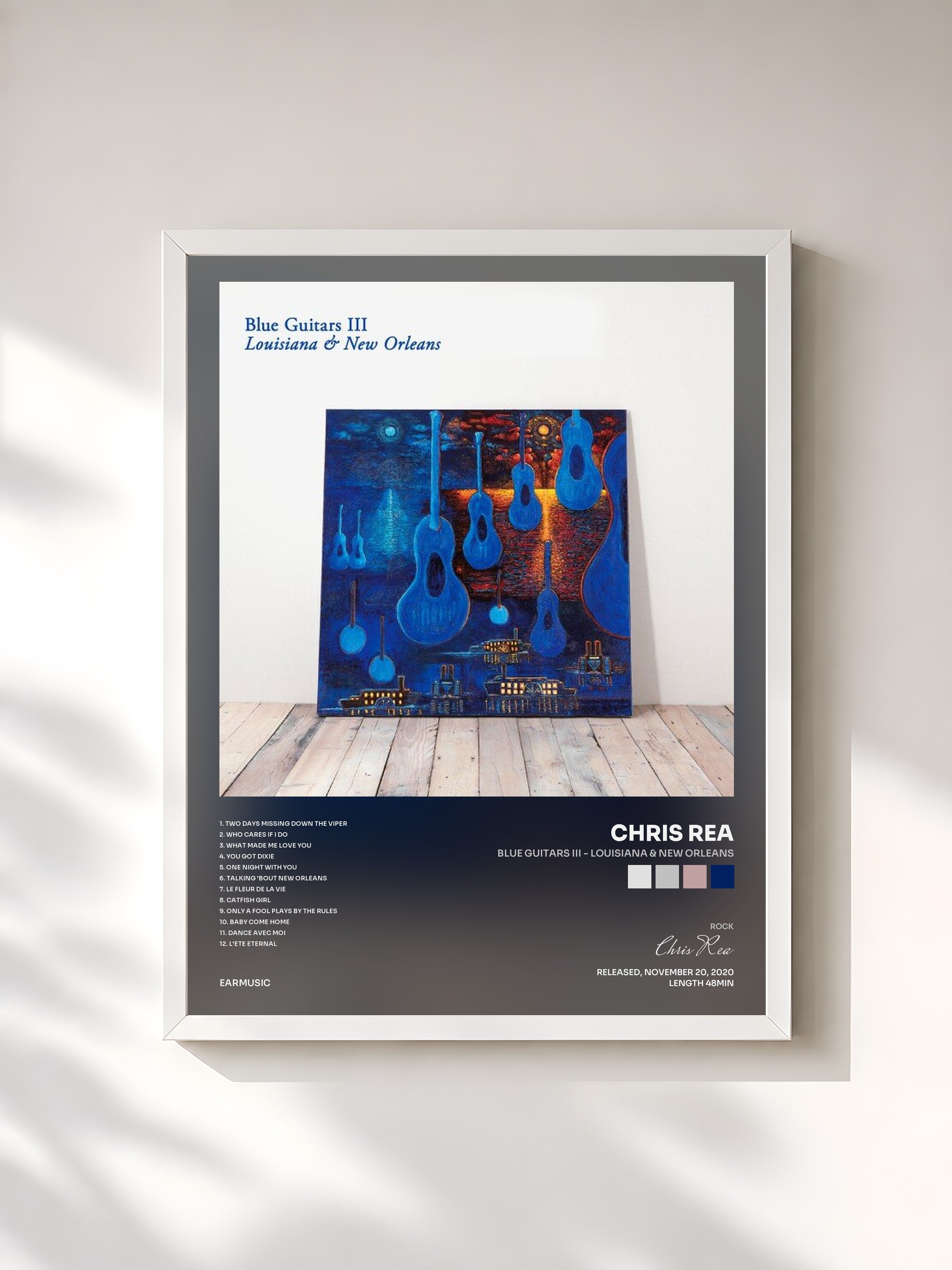 #blanc Tableau de l'album Blue Guitars III - Louisiana & New Orleans de Chris Rea, cadre blanc, imprimé et encadré en France