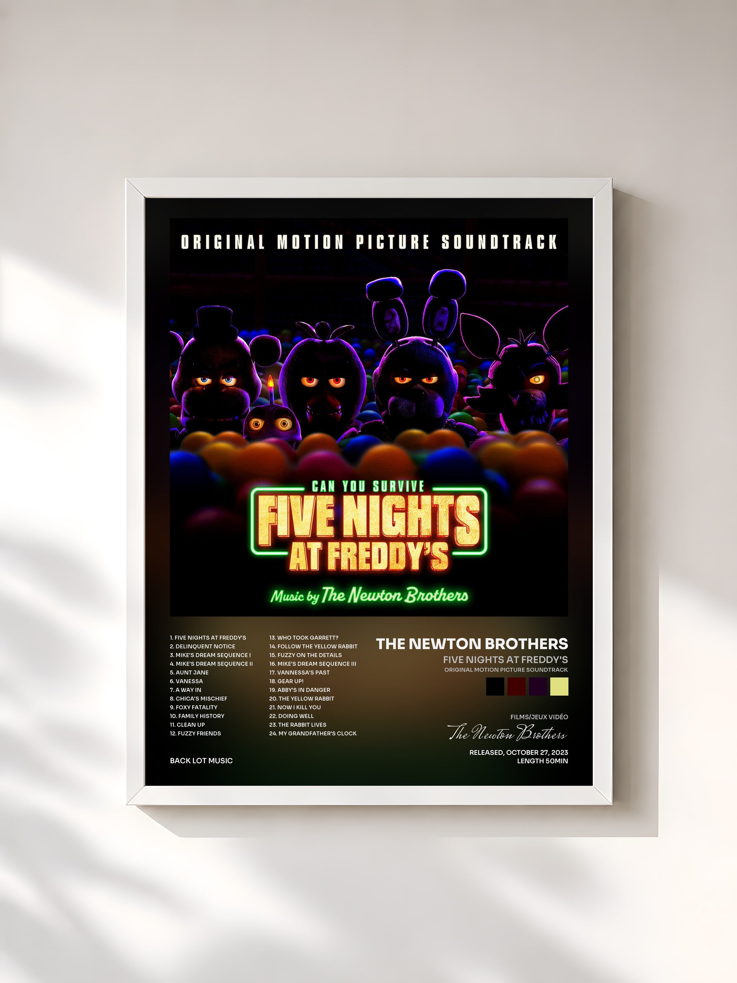#blanc Tableau de l'album Five Nights at Freddy's (Original Motion Picture Soundtrack) de The Newton Brothers, cadre blanc, imprimé et encadré en France