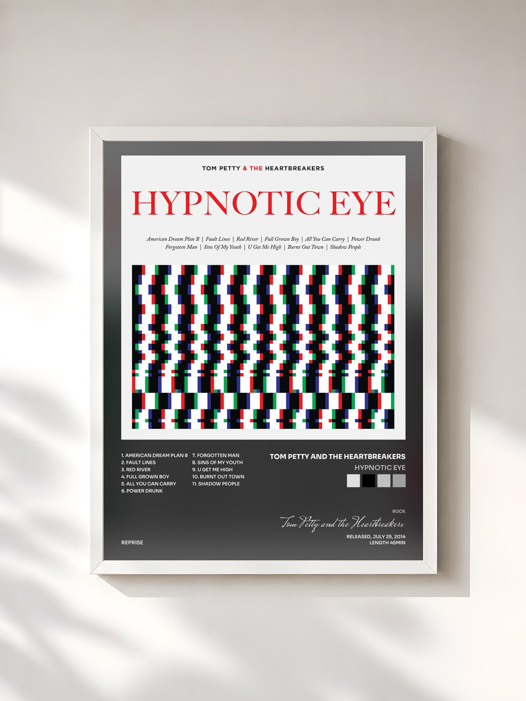 #blanc Tableau de l'album Hypnotic Eye de Tom Petty and the Heartbreakers, cadre blanc, imprimé et encadré en France