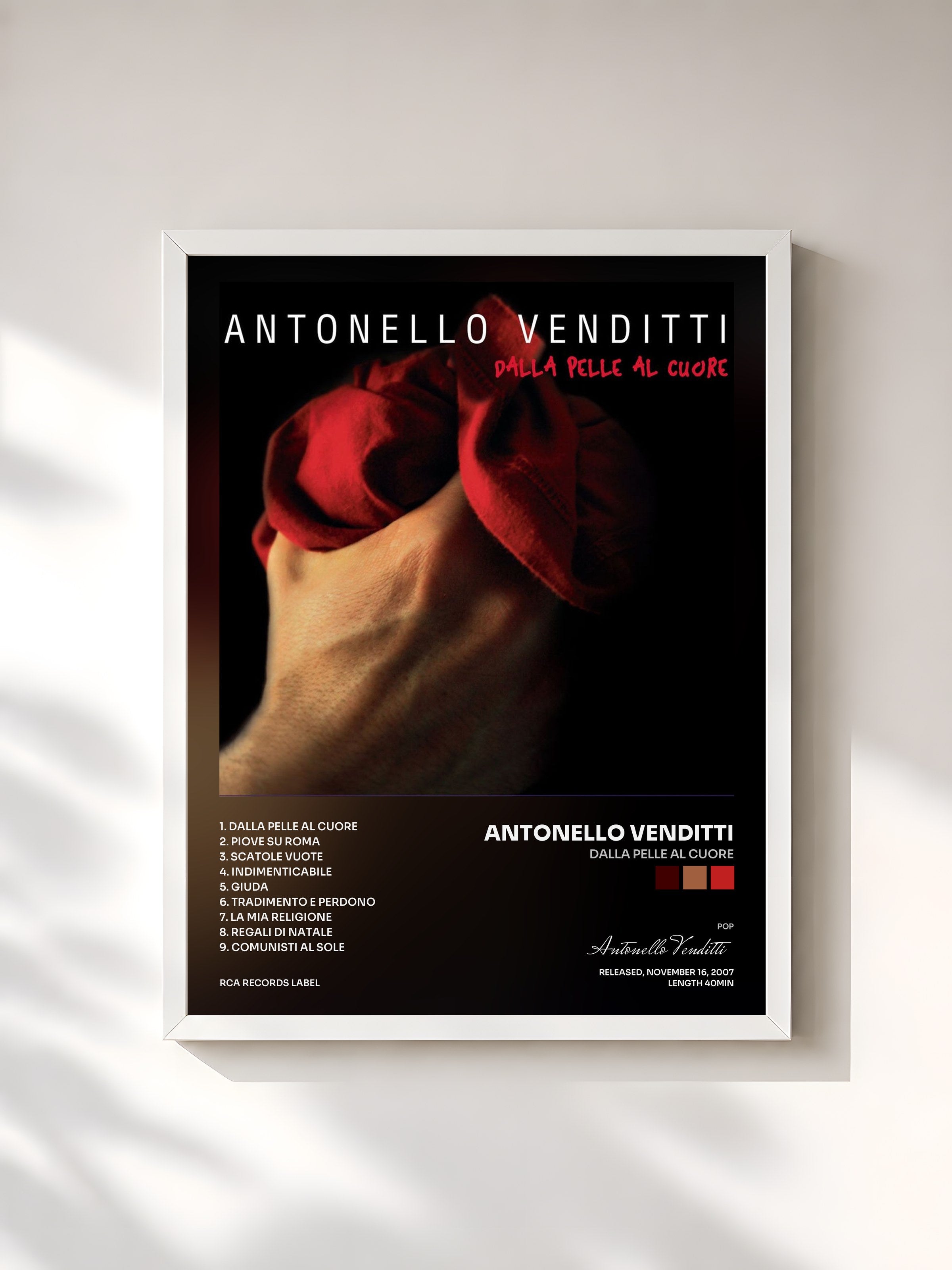 #blanc Tableau de l'album Dalla pelle al cuore de Antonello Venditti, cadre blanc, imprimé et encadré en France