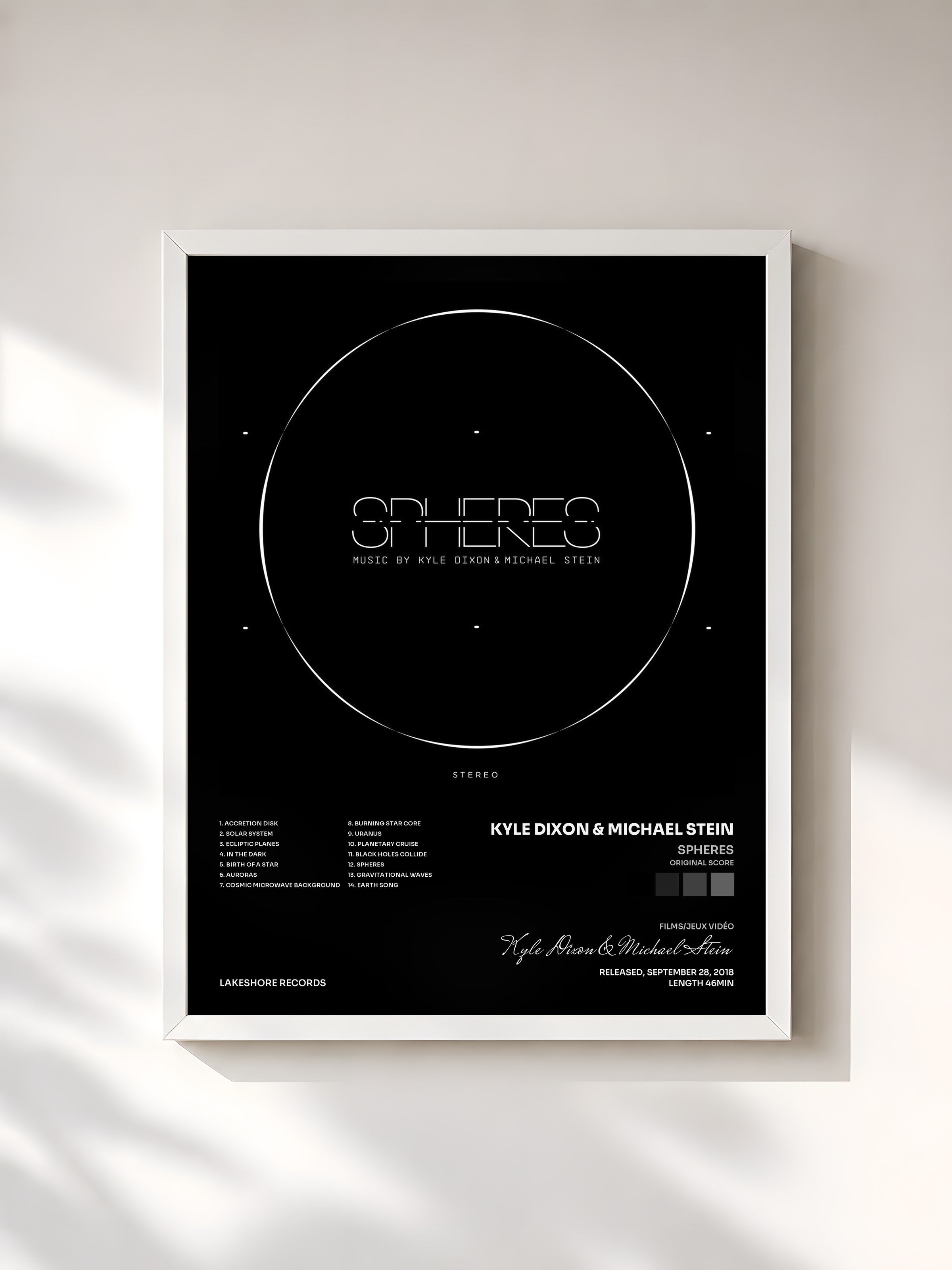 #blanc Tableau de l'album Spheres (Original Score) de Kyle Dixon & Michael Stein, cadre blanc, imprimé et encadré en France