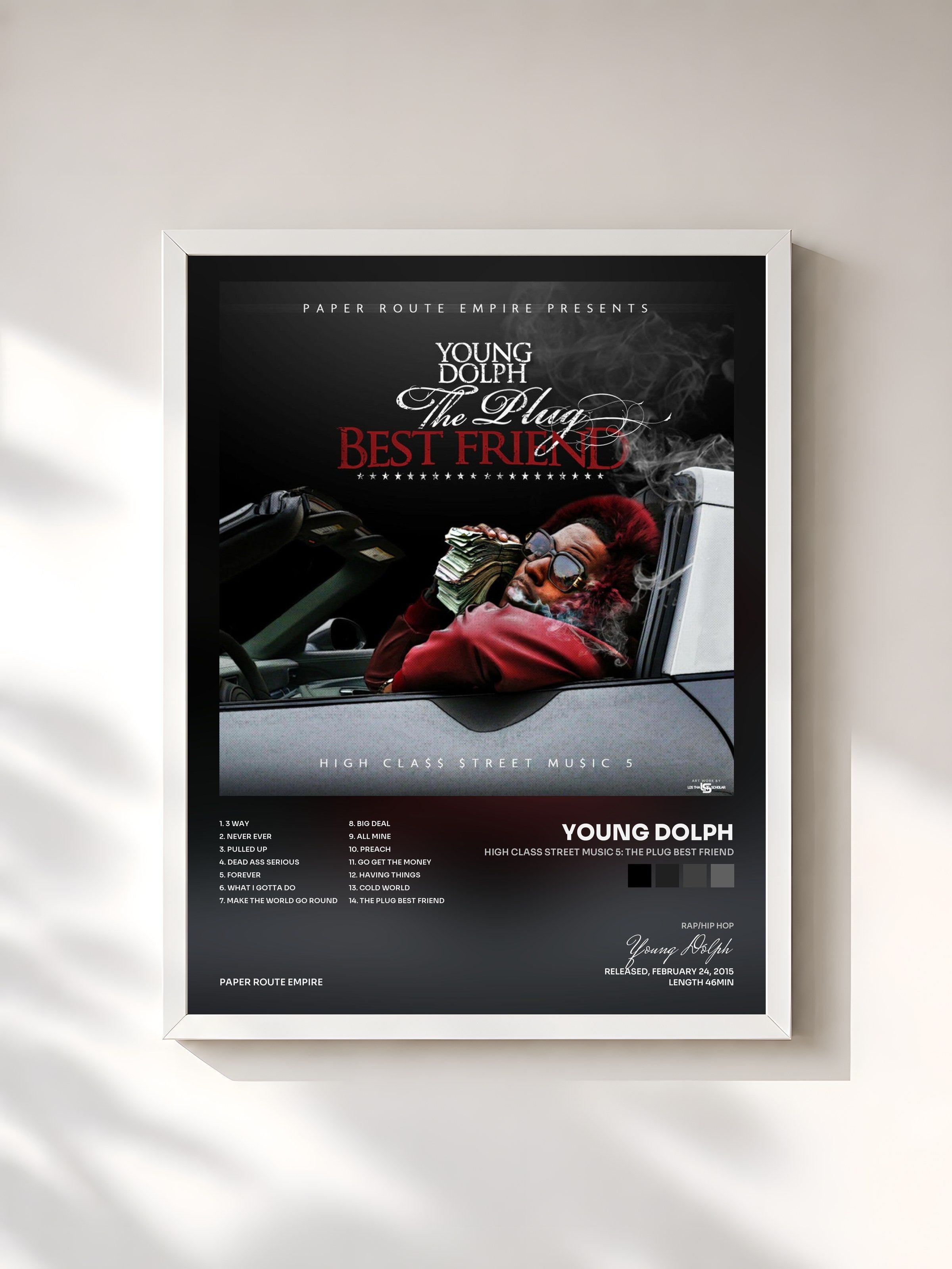 #blanc Tableau de l'album High Class Street Music 5: The Plug Best Friend de Young Dolph, cadre blanc, imprimé et encadré en France