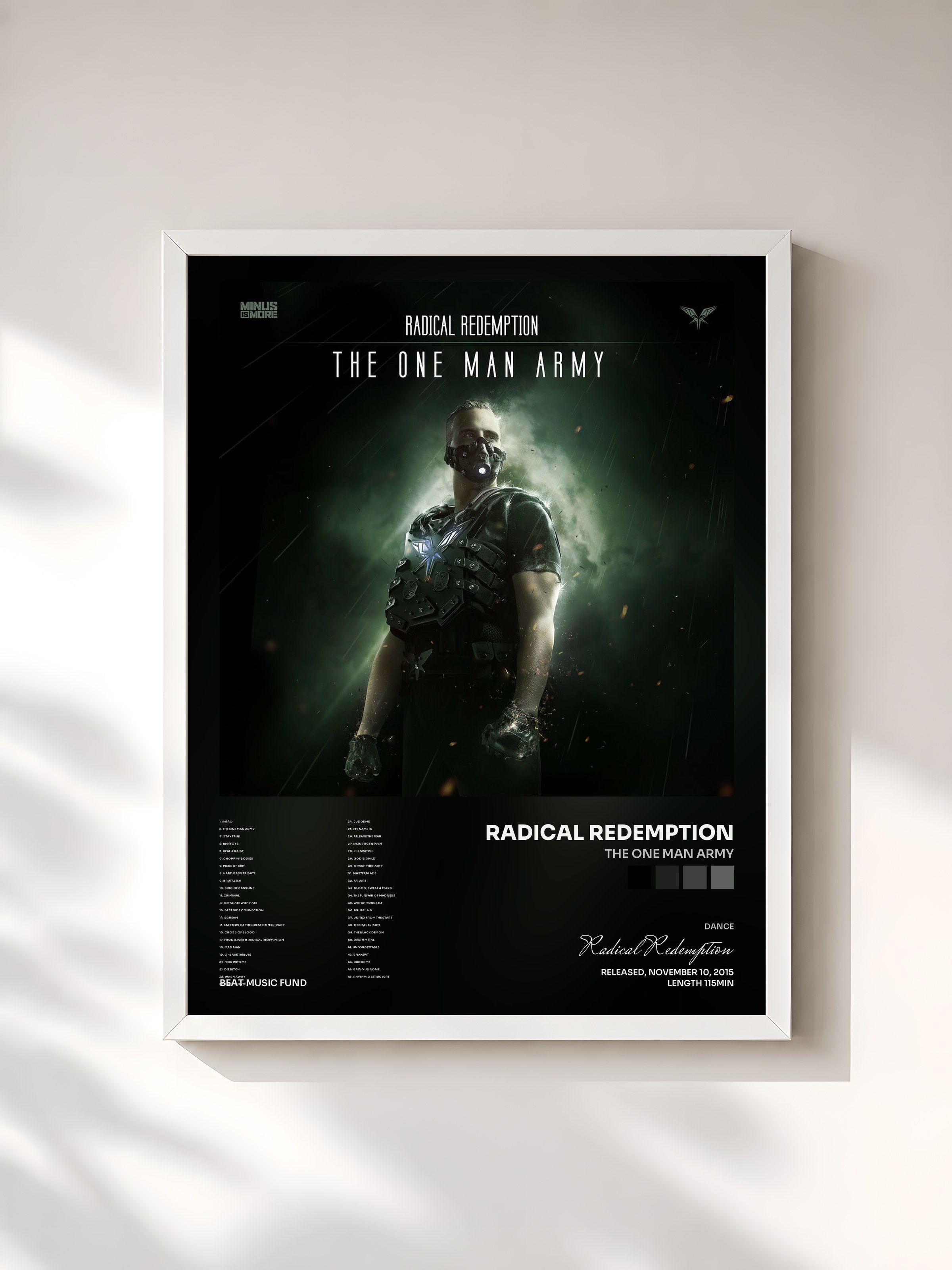 #blanc Tableau de l'album The One Man Army de Radical Redemption, cadre blanc, imprimé et encadré en France