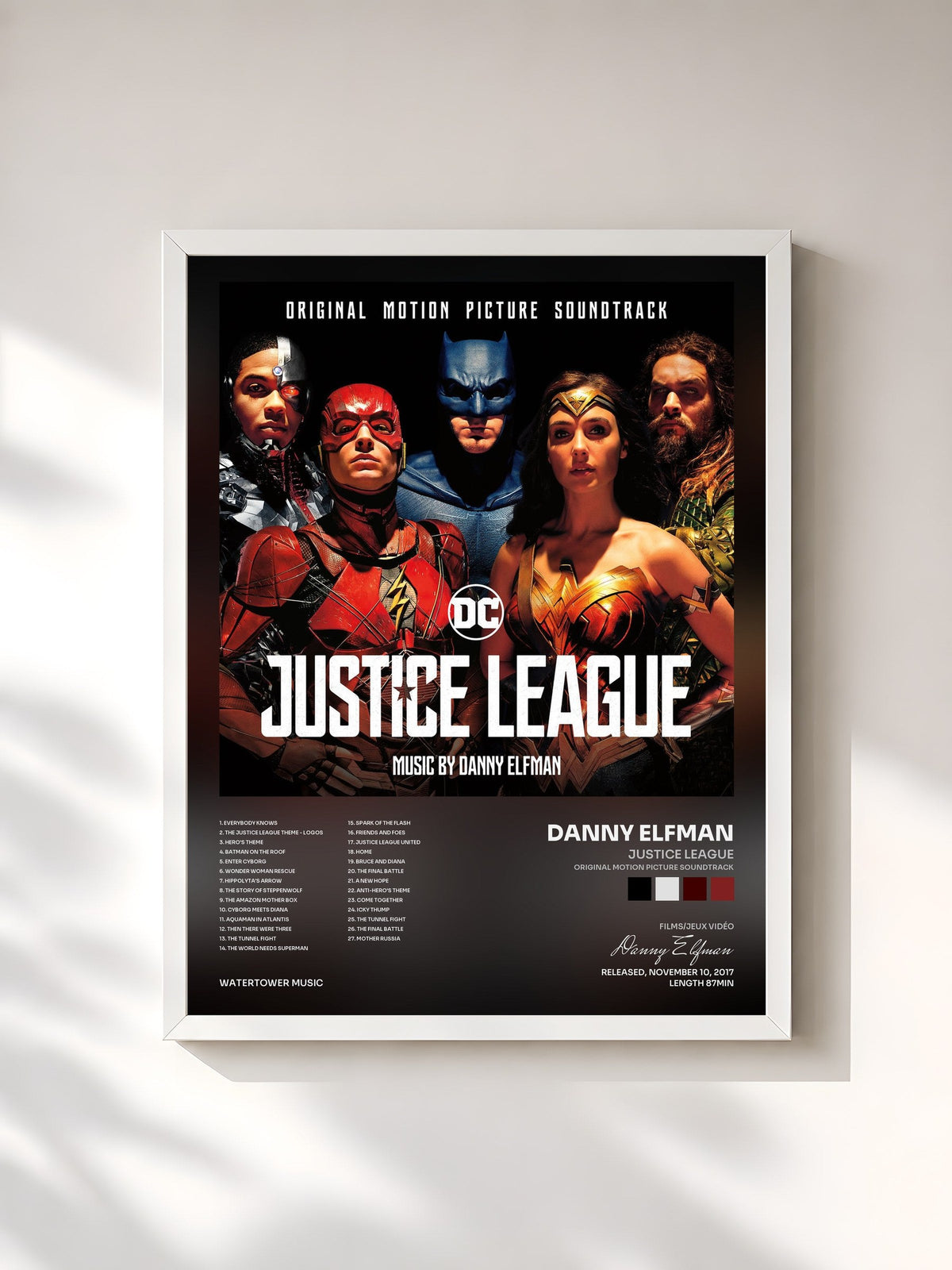 #blanc Tableau de l'album Justice League (Original Motion Picture Soundtrack) de Danny Elfman, cadre blanc, imprimé et encadré en France