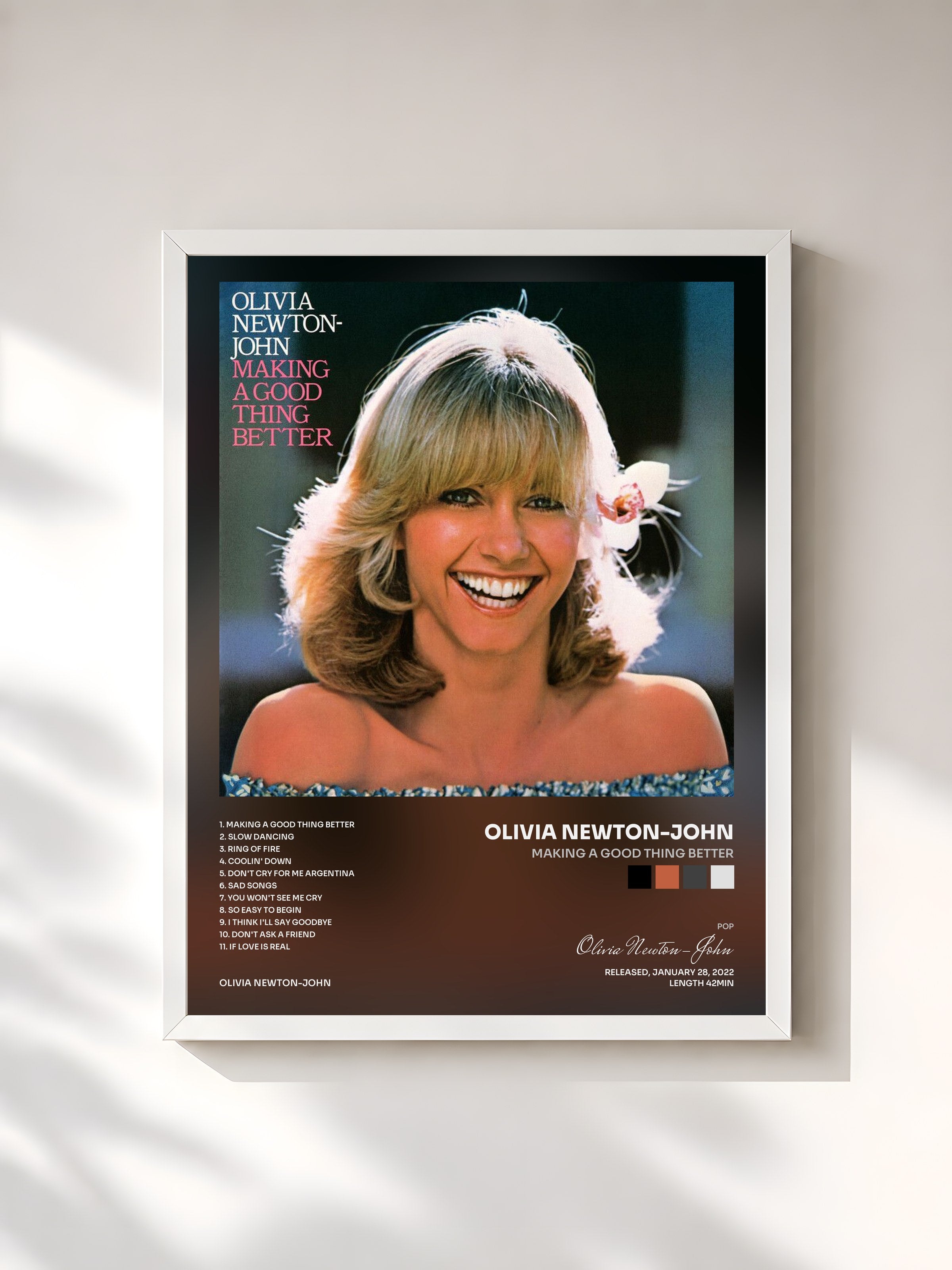 #blanc Tableau de l'album Making A Good Thing Better de Olivia Newton-John, cadre blanc, imprimé et encadré en France