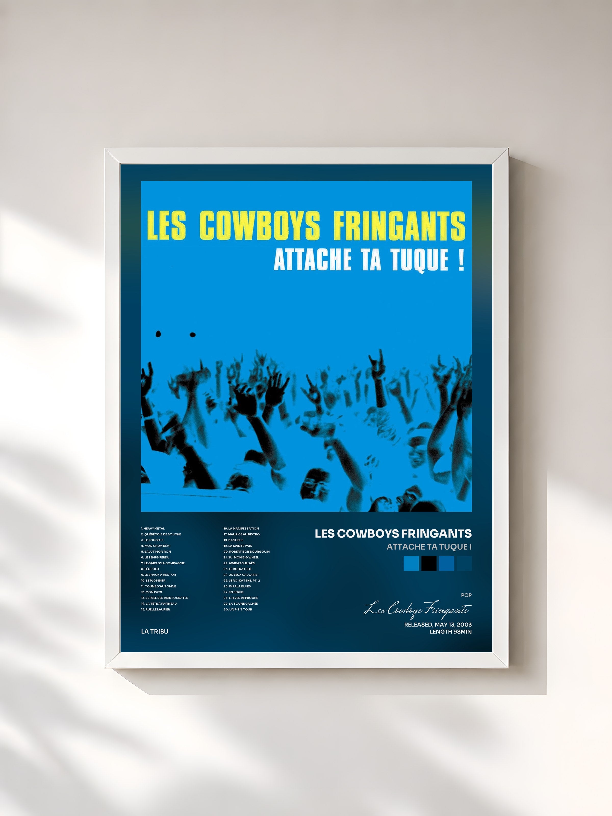 #blanc Tableau de l'album Attache ta tuque ! de Les Cowboys Fringants, cadre blanc, imprimé et encadré en France