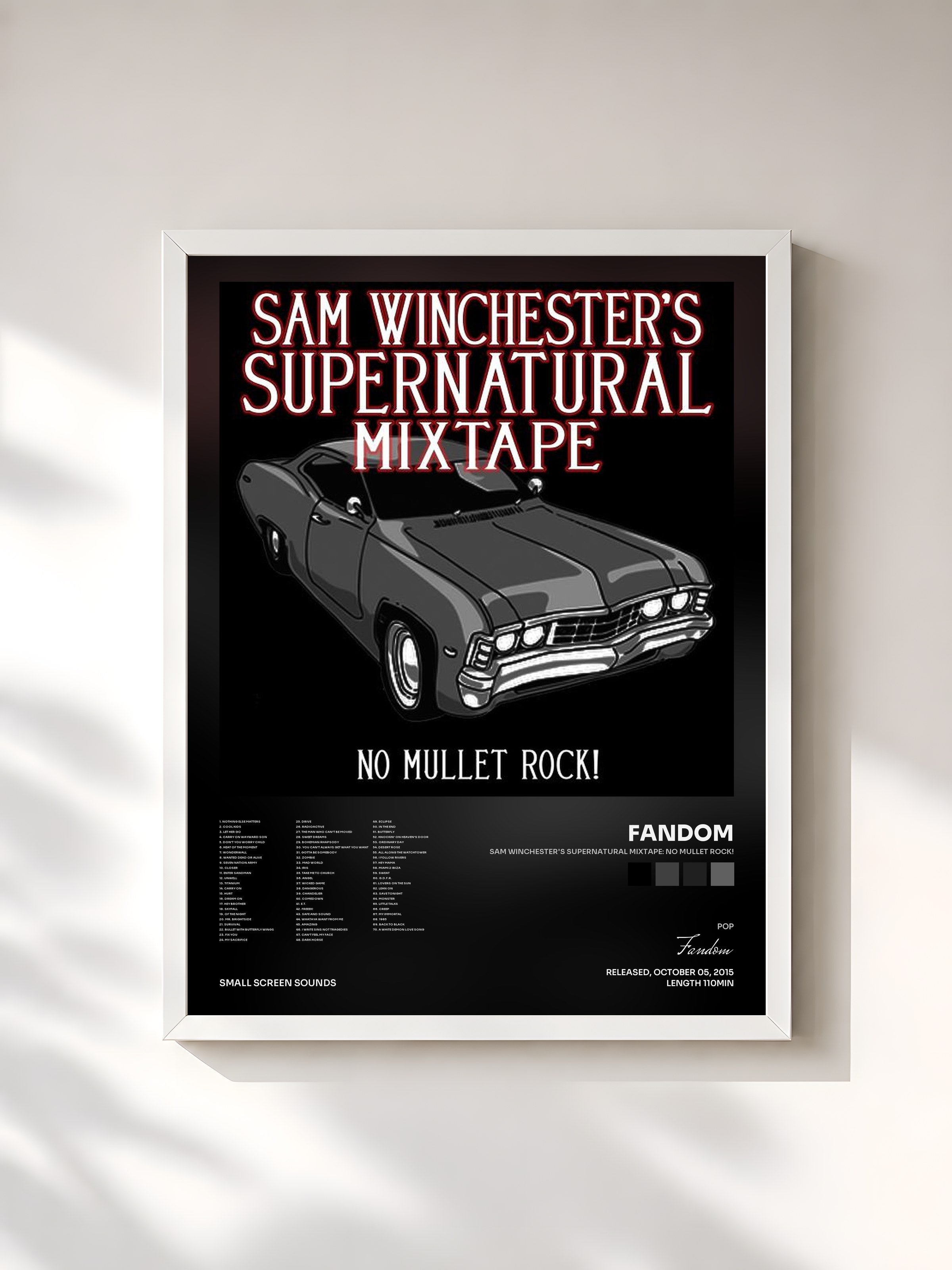 #blanc Tableau de l'album Sam Winchester's Supernatural Mixtape: No Mullet Rock! de Fandom, cadre blanc, imprimé et encadré en France