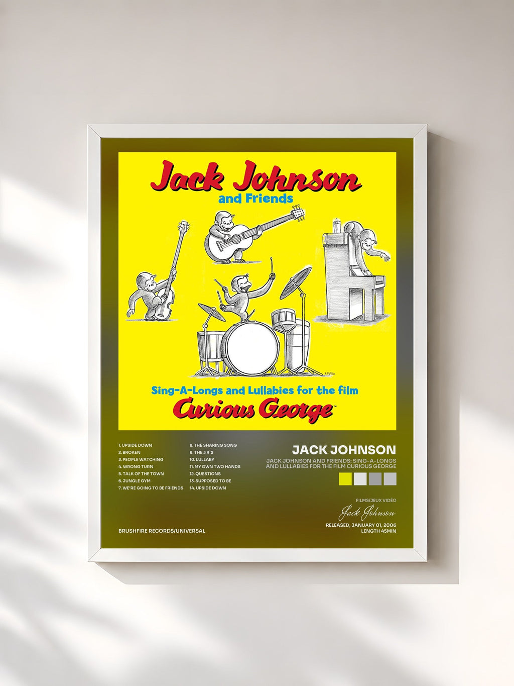 #blanc Jack Johnson And Friends: Sing-A-Longs And Lullabies For The Film Curious George by Jack Johnson as a framed art print, white frame, printed and framed in France