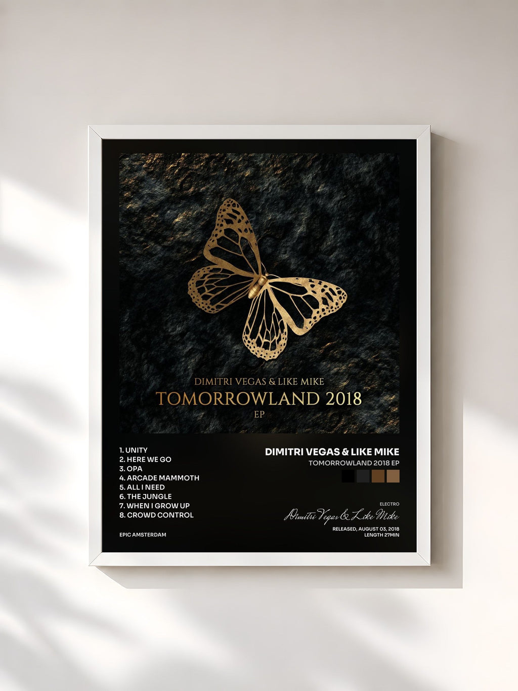 #blanc Tableau de l'album Tomorrowland 2018 EP de Dimitri Vegas & Like Mike, cadre blanc, imprimé et encadré en France