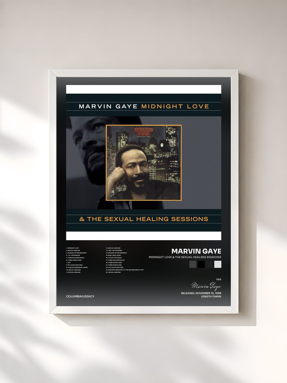 #blanc Tableau de l'album Midnight Love & The Sexual Healing Sessions de Marvin Gaye, cadre blanc, imprimé et encadré en France