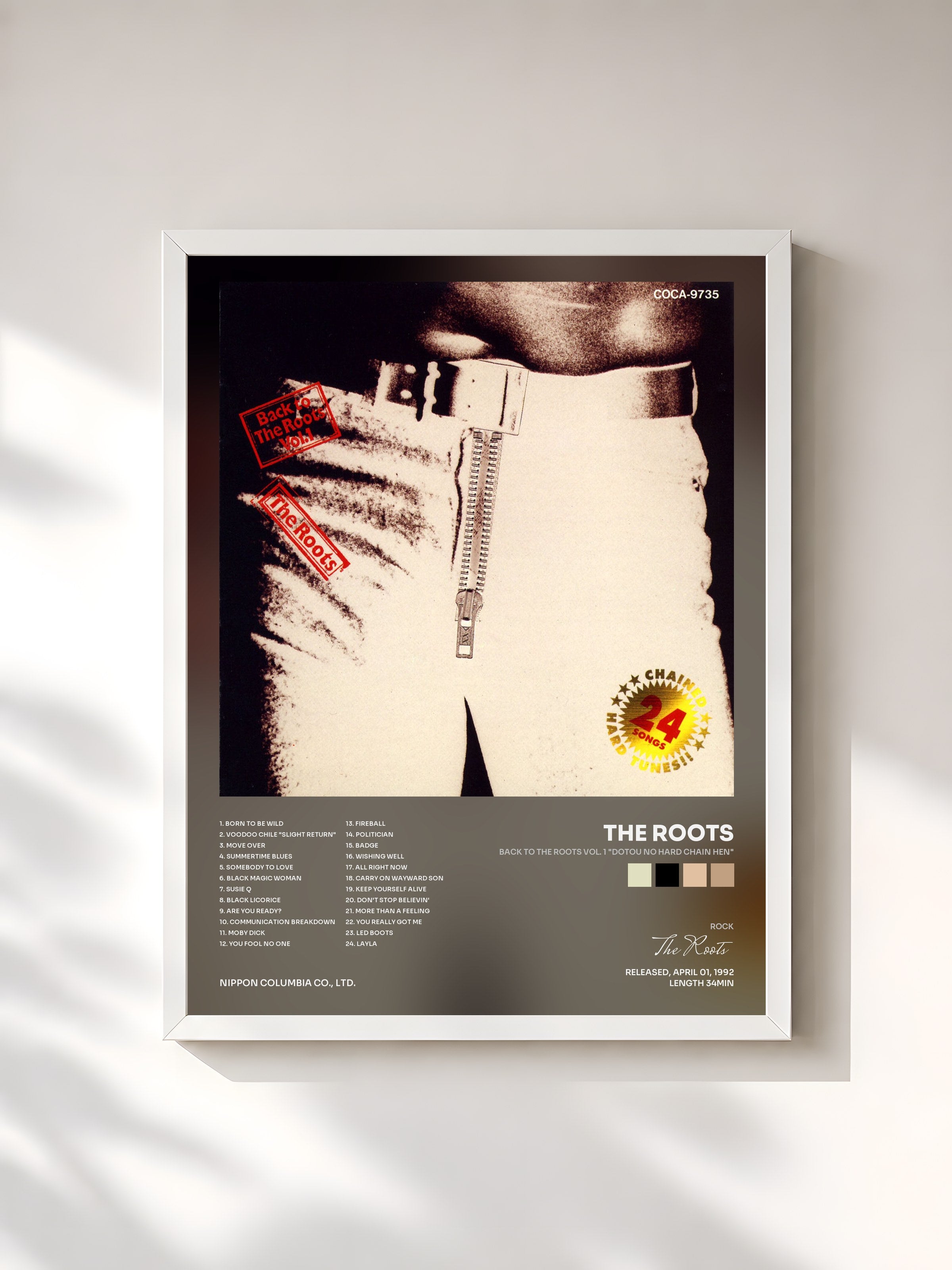 #blanc Tableau de l'album Back to the Roots Vol. 1 "Dotou No Hard Chain Hen" de The Roots, cadre blanc, imprimé et encadré en France