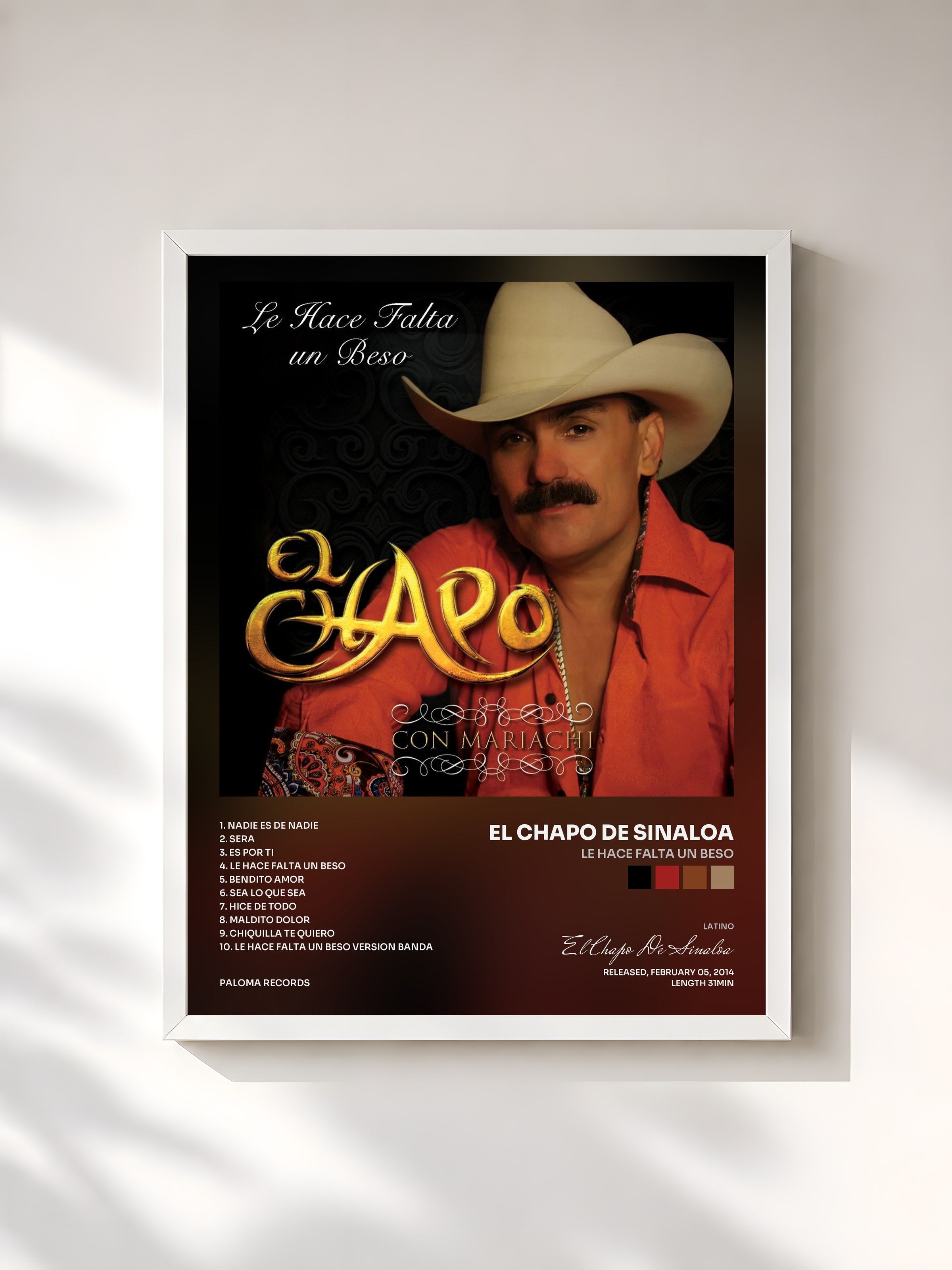 #blanc Tableau de l'album Le Hace Falta Un Beso de El Chapo De Sinaloa, cadre blanc, imprimé et encadré en France