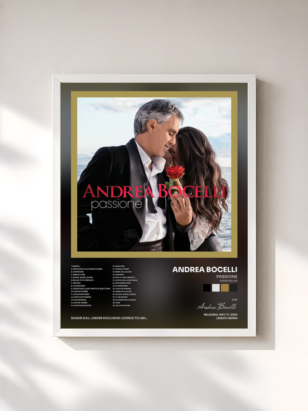 #blanc Tableau de l'album Passione (Super Deluxe) de Andrea Bocelli, cadre blanc, imprimé et encadré en France
