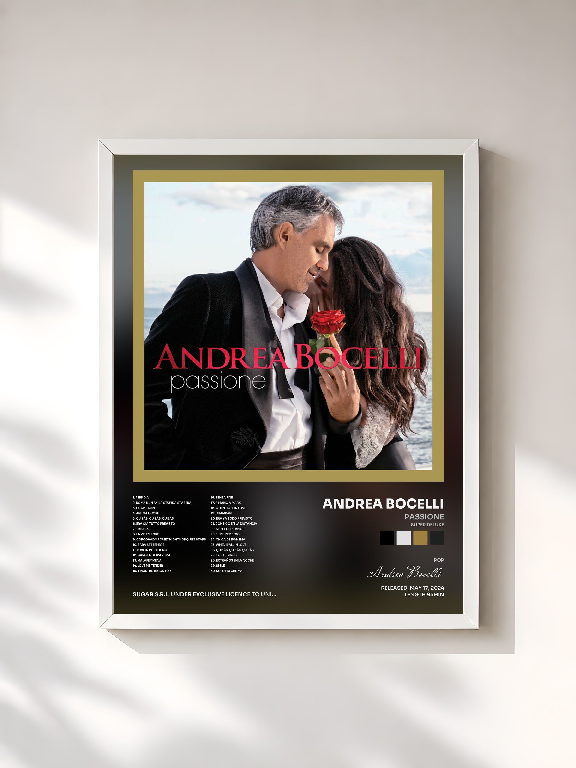 #blanc Tableau de l'album Passione (Super Deluxe) de Andrea Bocelli, cadre blanc, imprimé et encadré en France