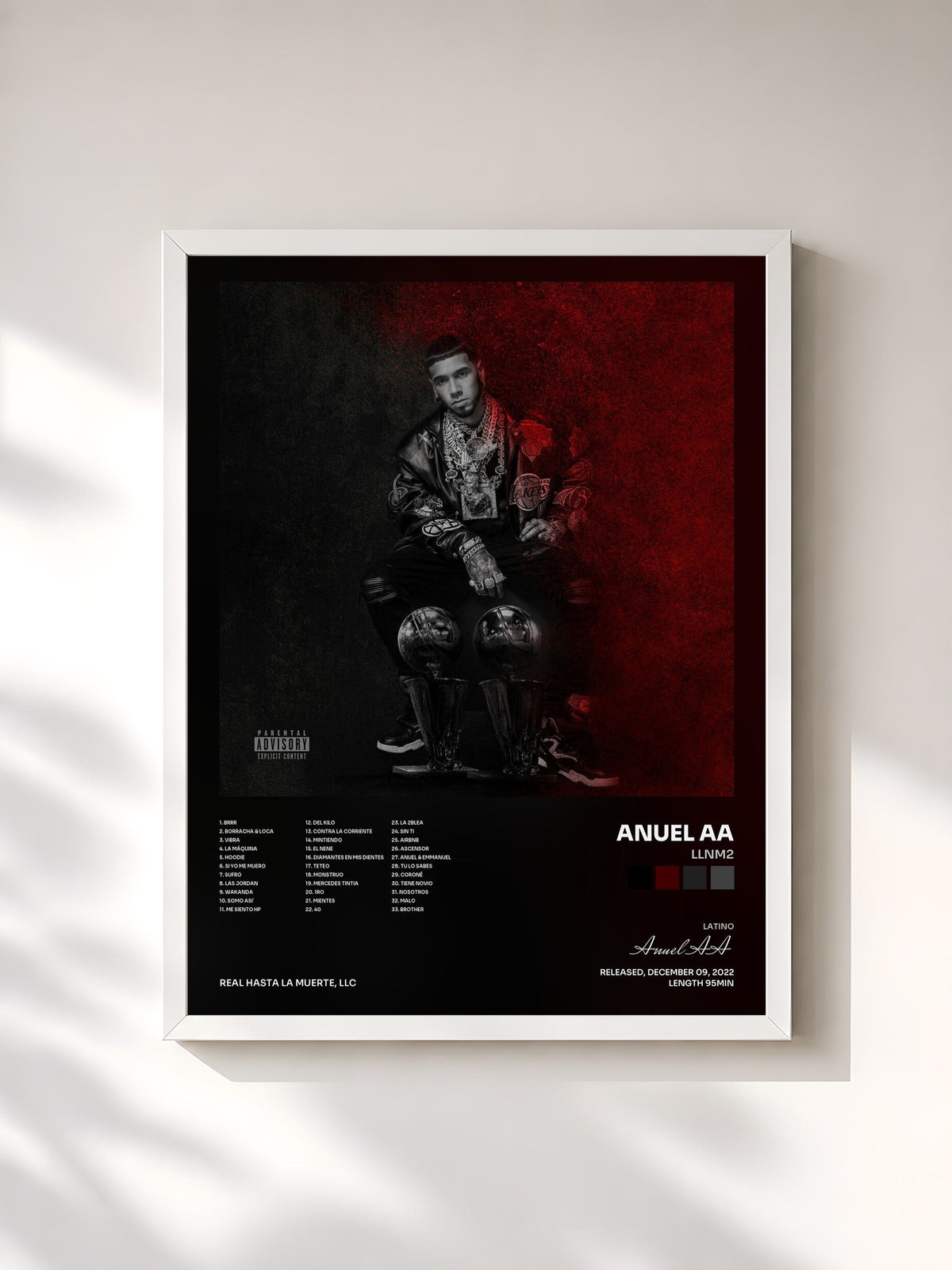#blanc Tableau de l'album LLNM2 de Anuel AA, cadre blanc, imprimé et encadré en France