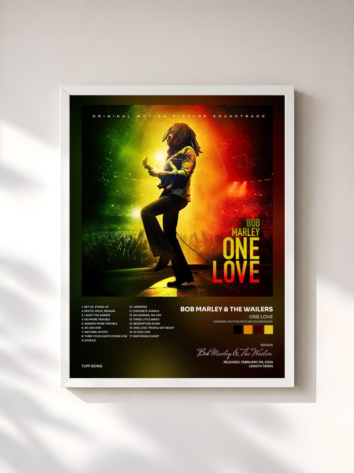 #blanc Tableau de l'album One Love (Original Motion Picture Soundtrack) de Bob Marley & The Wailers, cadre blanc, imprimé et encadré en France