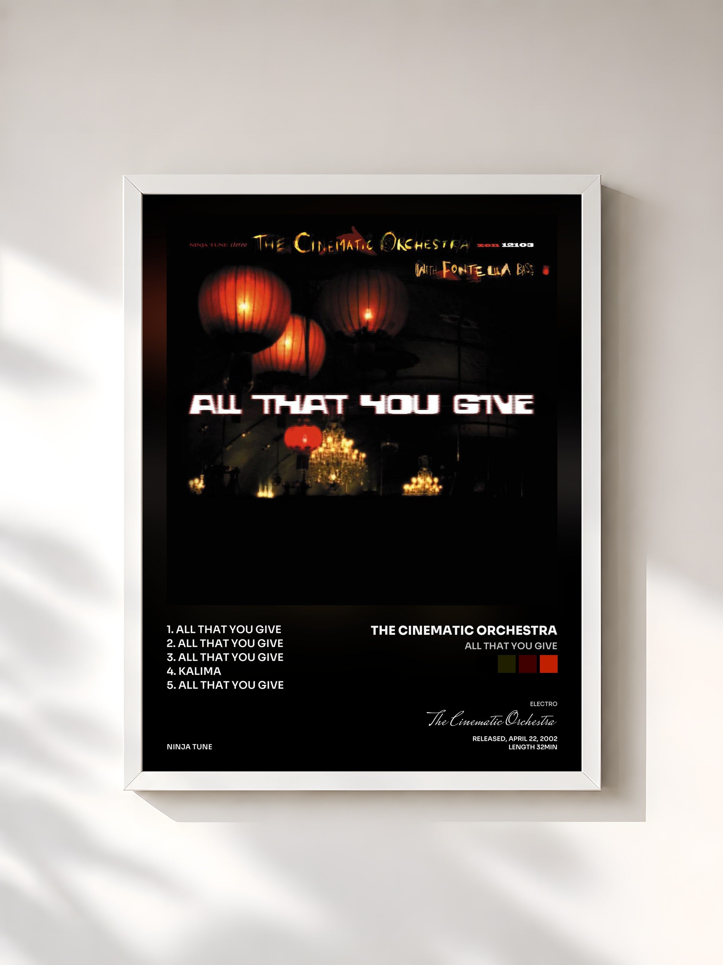 #blanc Tableau de l'album All That You Give de The Cinematic Orchestra, cadre blanc, imprimé et encadré en France