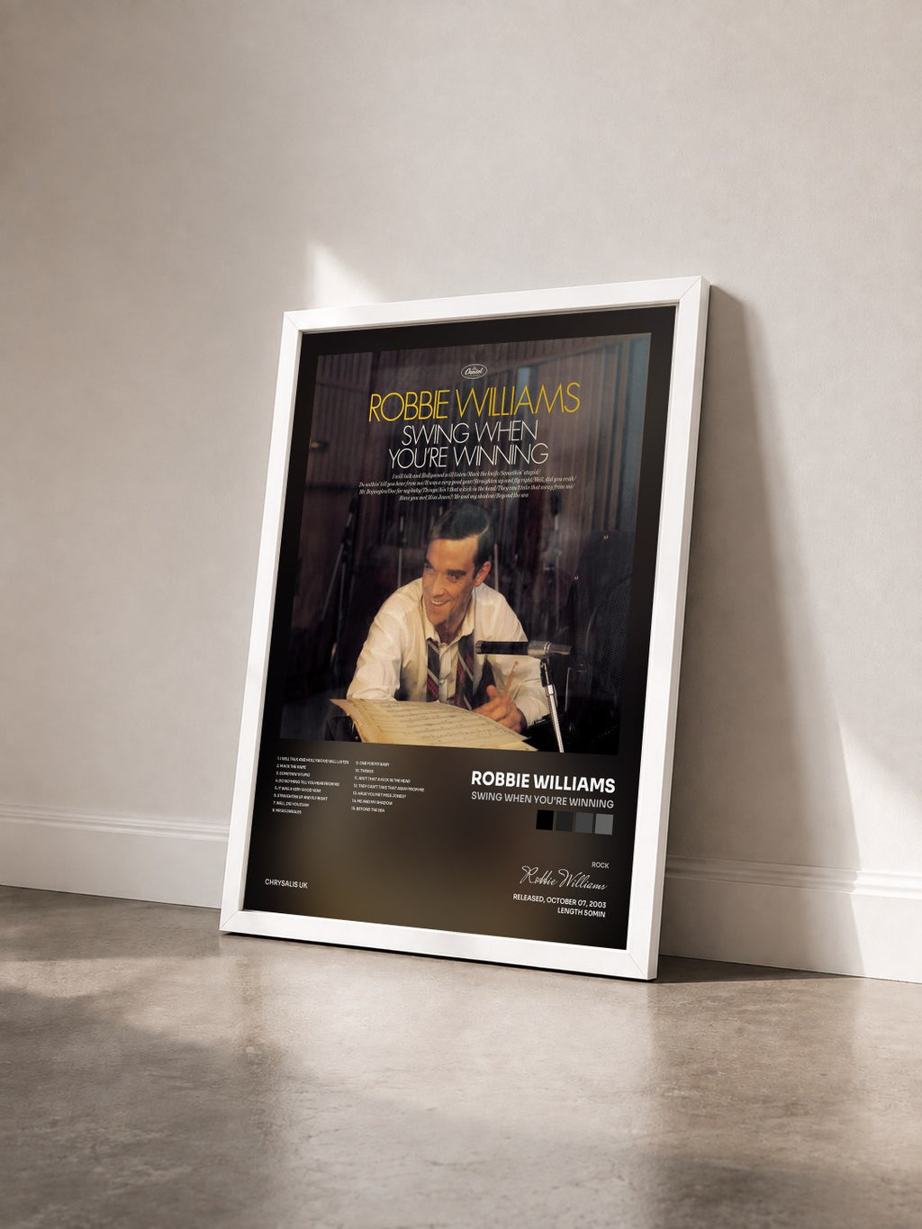 #blanc Tableau de l'album Swing When You're Winning de Robbie Williams vu de trois quarts, cadre blanc