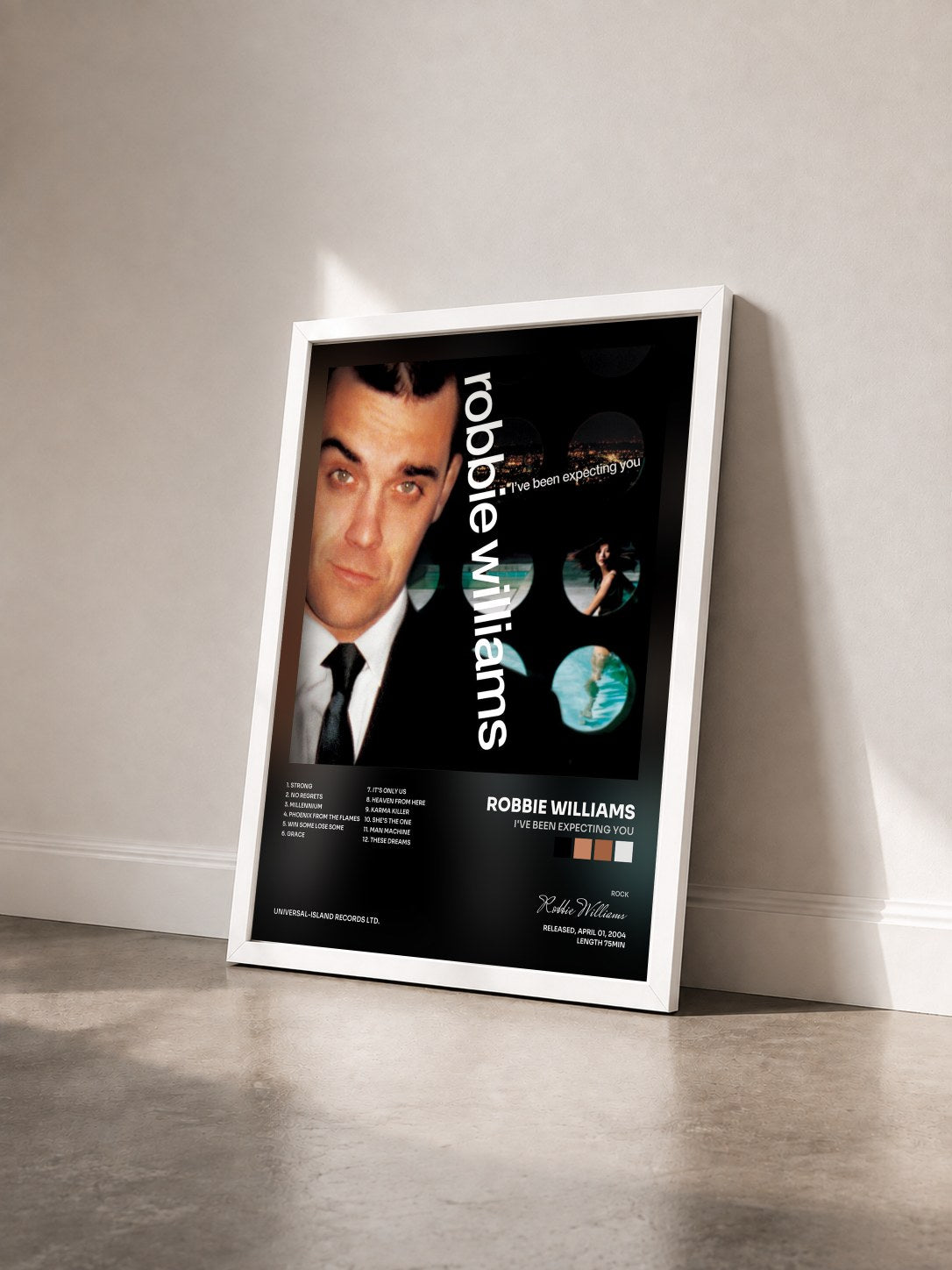 #blanc Tableau de l'album I've Been Expecting You de Robbie Williams vu de trois quarts, cadre blanc