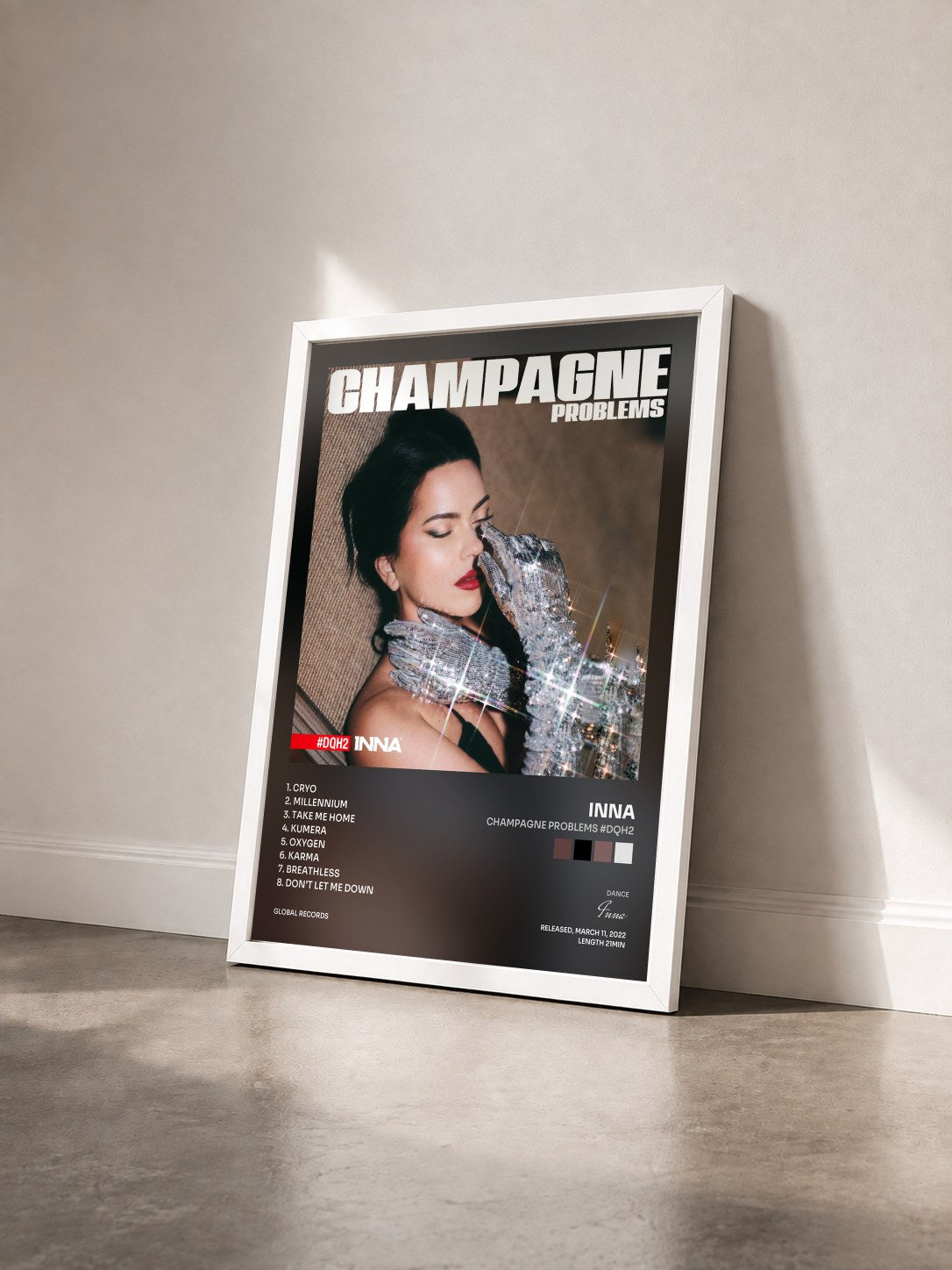 #blanc Tableau de l'album Champagne Problems #DQH2 de Inna vu de trois quarts, cadre blanc