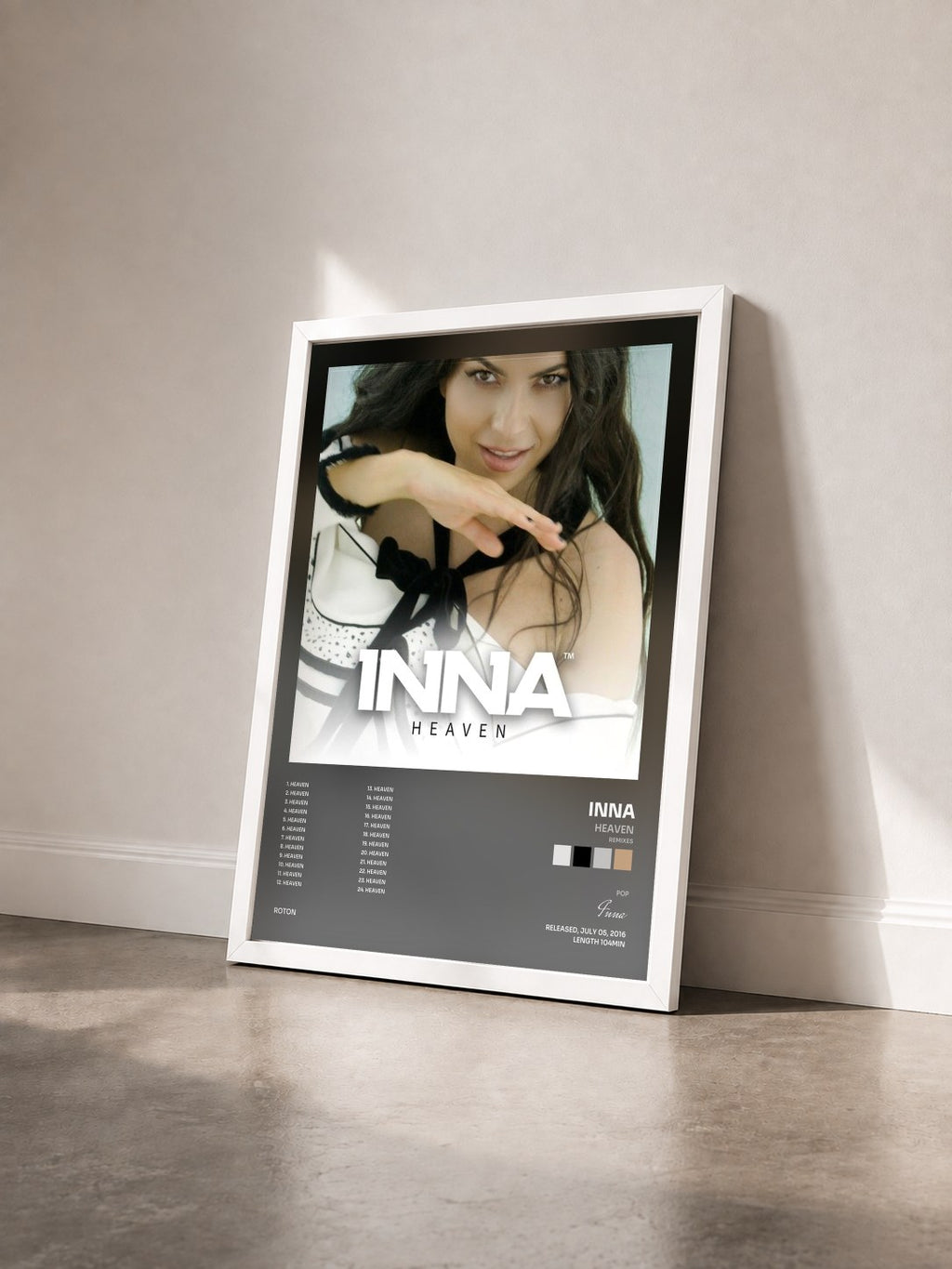 #blanc Heaven (Remixes) by Inna as a framed art print seen at an angle, white frame
