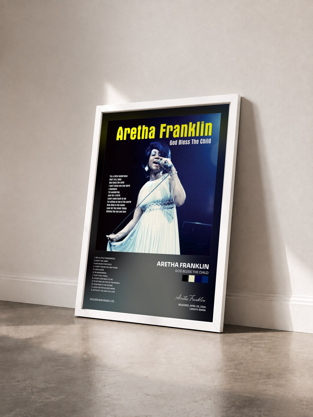 #blanc Tableau de l'album God Bless the Child de Aretha Franklin vu de trois quarts, cadre blanc